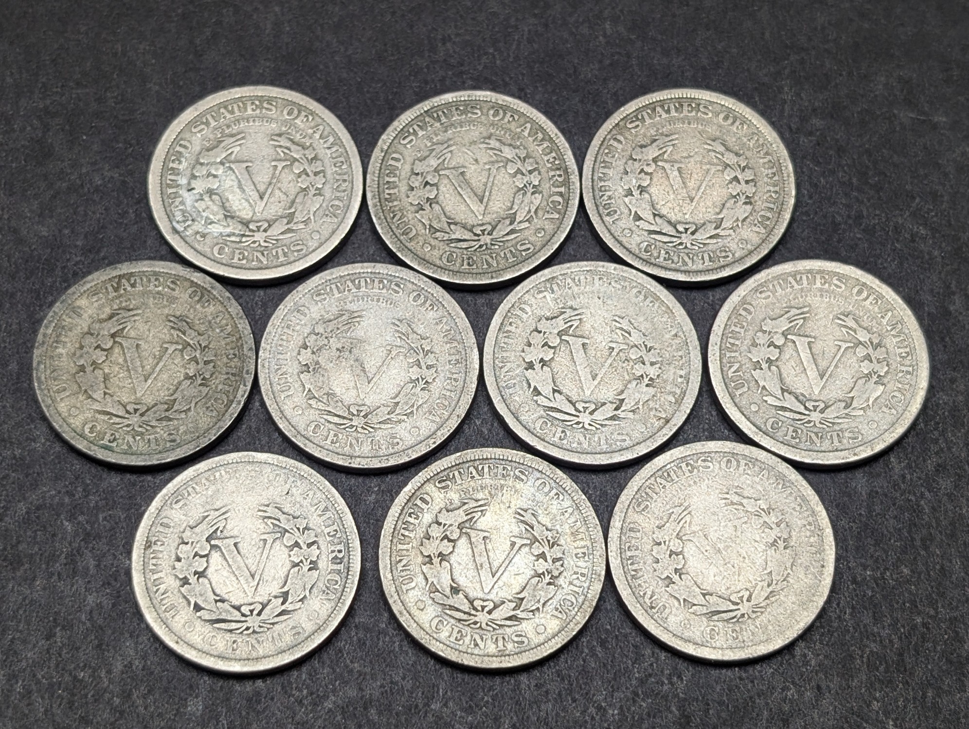 1904, 1905, (3) 1906, 1907, 1908, 1910, 1911, 1912 Liberty Head V Nickels