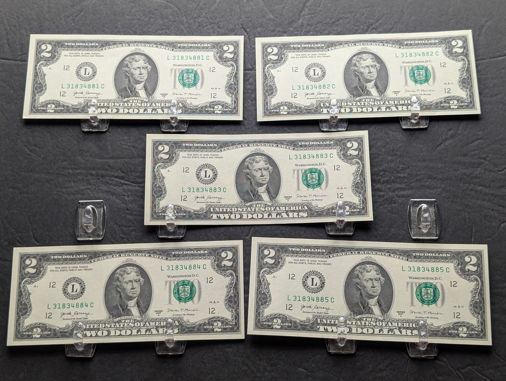 (5) 2017-A Series $2 Bills W/ Consecutive Serial Numbers
