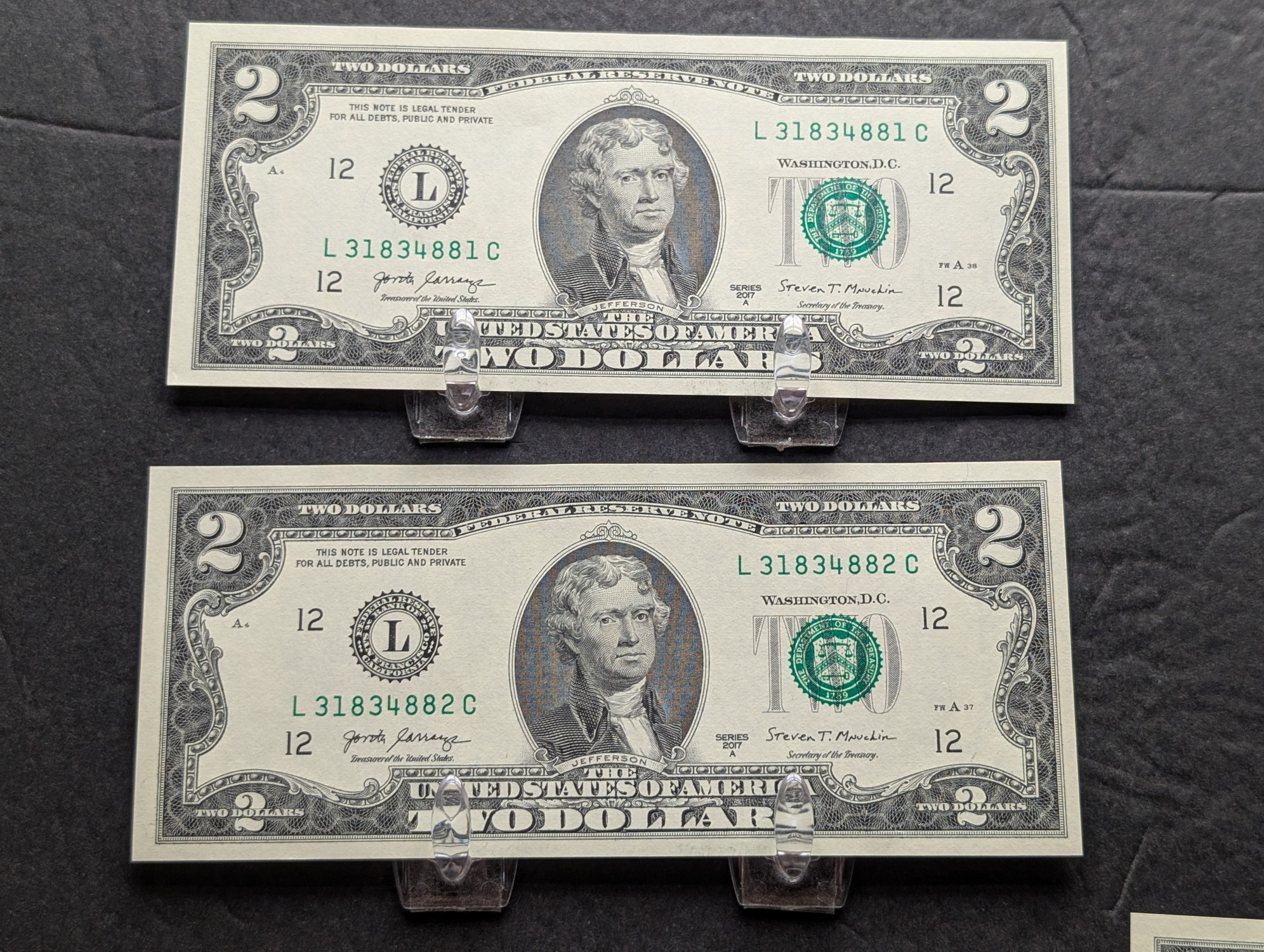 (5) 2017-A Series $2 Bills W/ Consecutive Serial Numbers