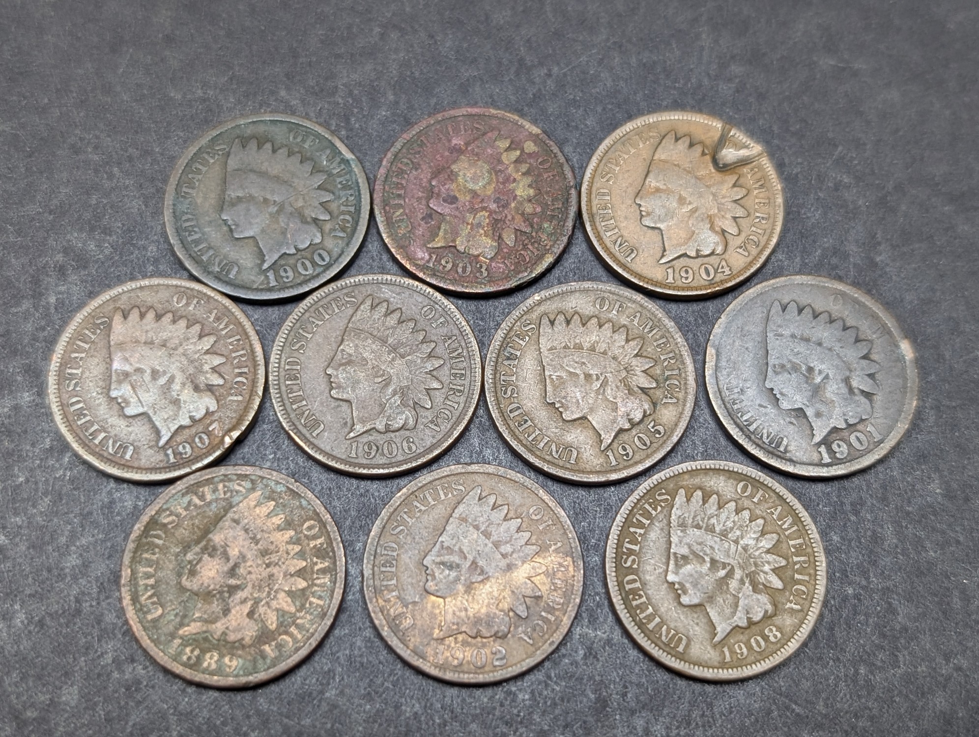 1889 & 1900-1908 Indian Head Cents - 10 Coins