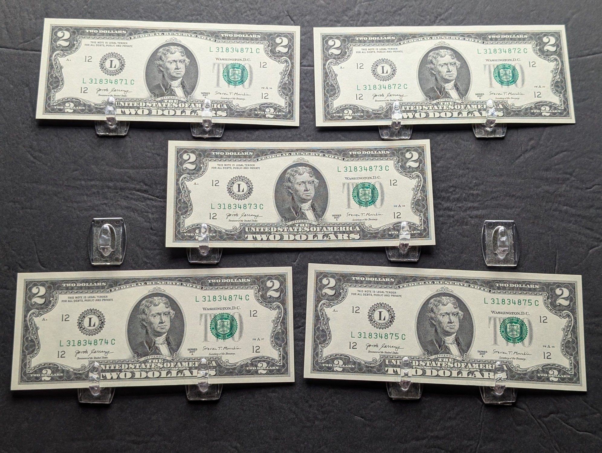 (5) 2017-A Series $2 Bills W/ Consecutive Serial Numbers