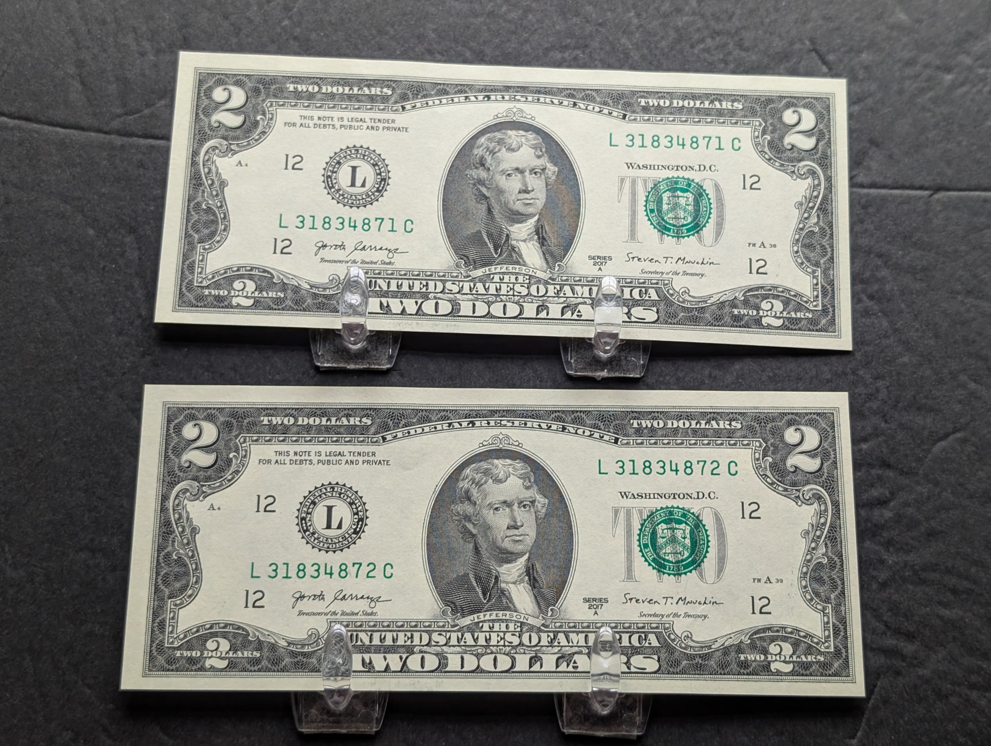 (5) 2017-A Series $2 Bills W/ Consecutive Serial Numbers