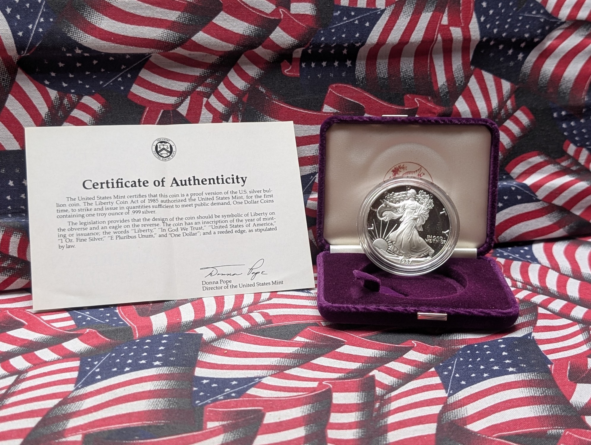 1987-S Proof American Silver Eagle 1 Troy Oz. .999 Silver in OGP w/ COA