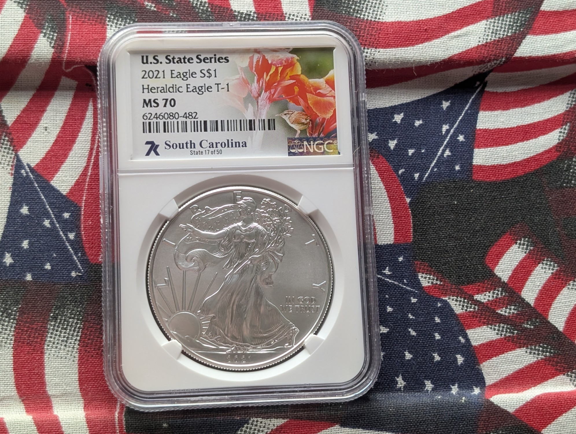 2021 American Silver Eagle T-1 Heraldic Eagle 1 Troy Oz. .999 Silver NGC MS 70 - U.S. State Series South Carolina #17 of 50