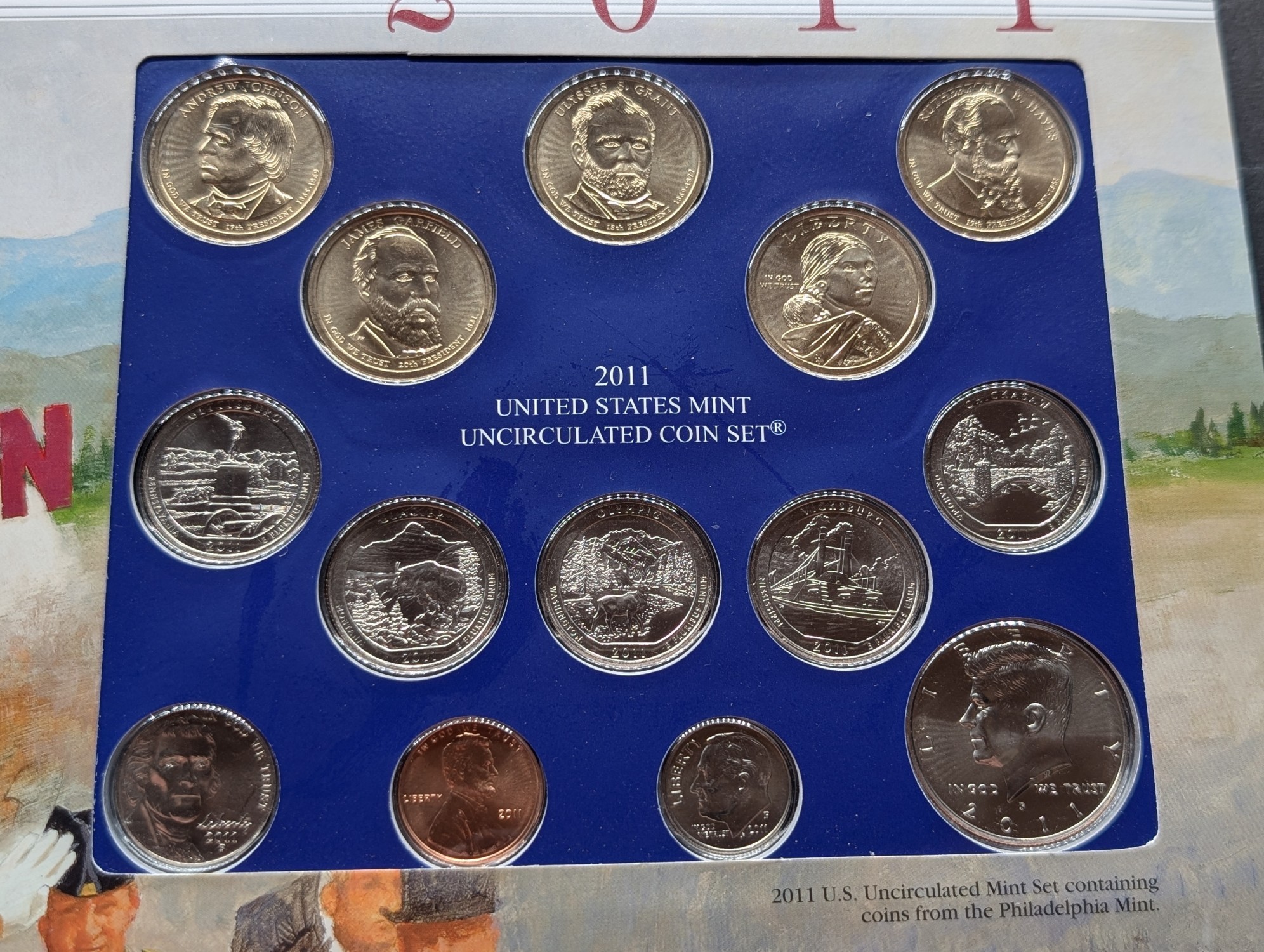 2011-P Only U.S. Mint Uncirculated Coin Set Including ATB Quarters, (4) Presidential Dollars, One Sacagawea Dollar and Stamps