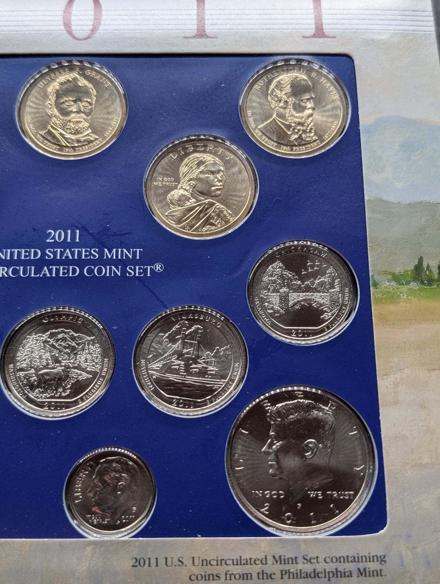 2011-P Only U.S. Mint Uncirculated Coin Set Including ATB Quarters, (4) Presidential Dollars, One Sacagawea Dollar and Stamps