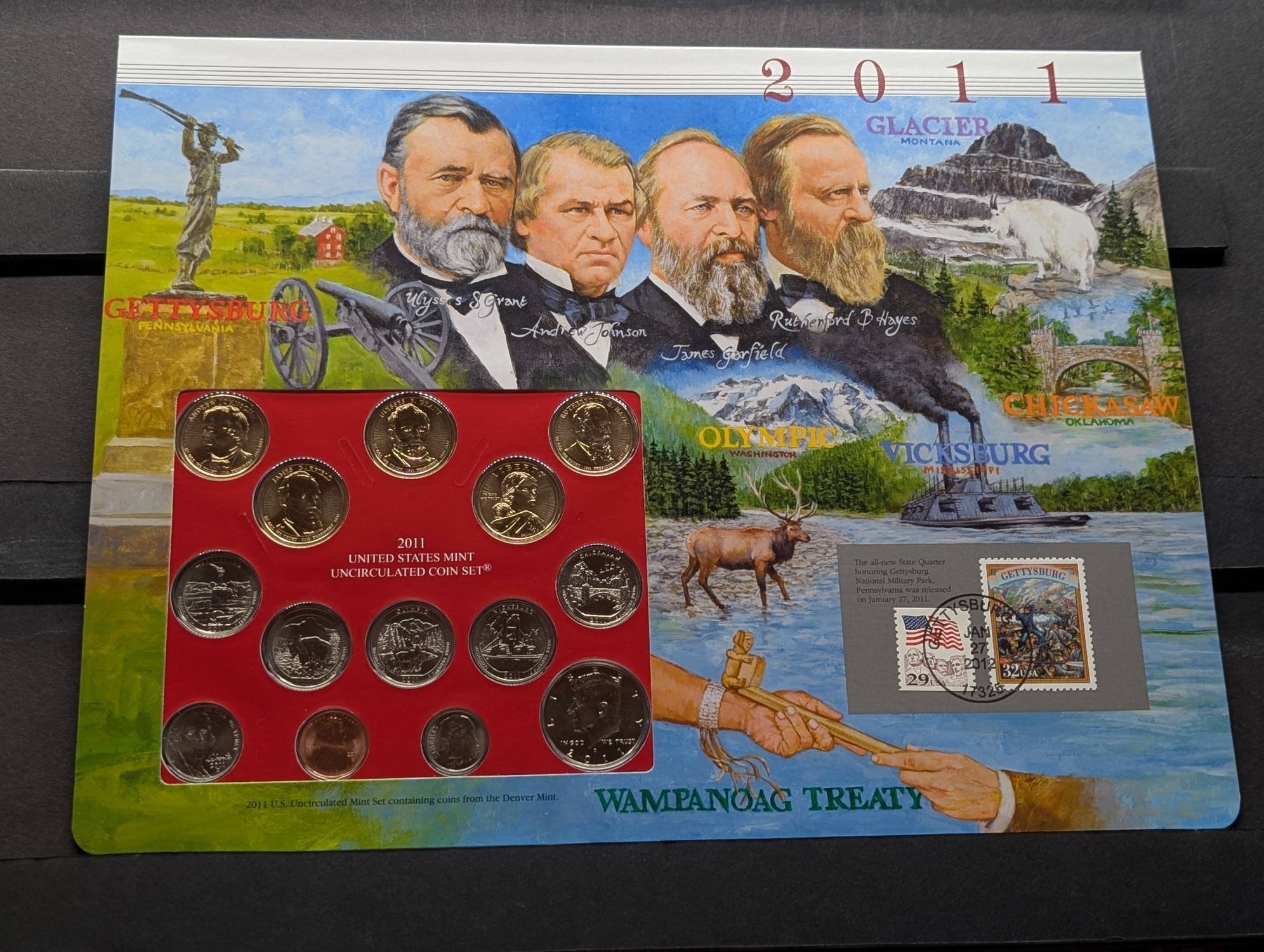 2011-D Only U.S. Mint Uncirculated Coin Set Including ATB Quarters, (4) Presidential Dollars, One Sacagawea Dollar and Stamps
