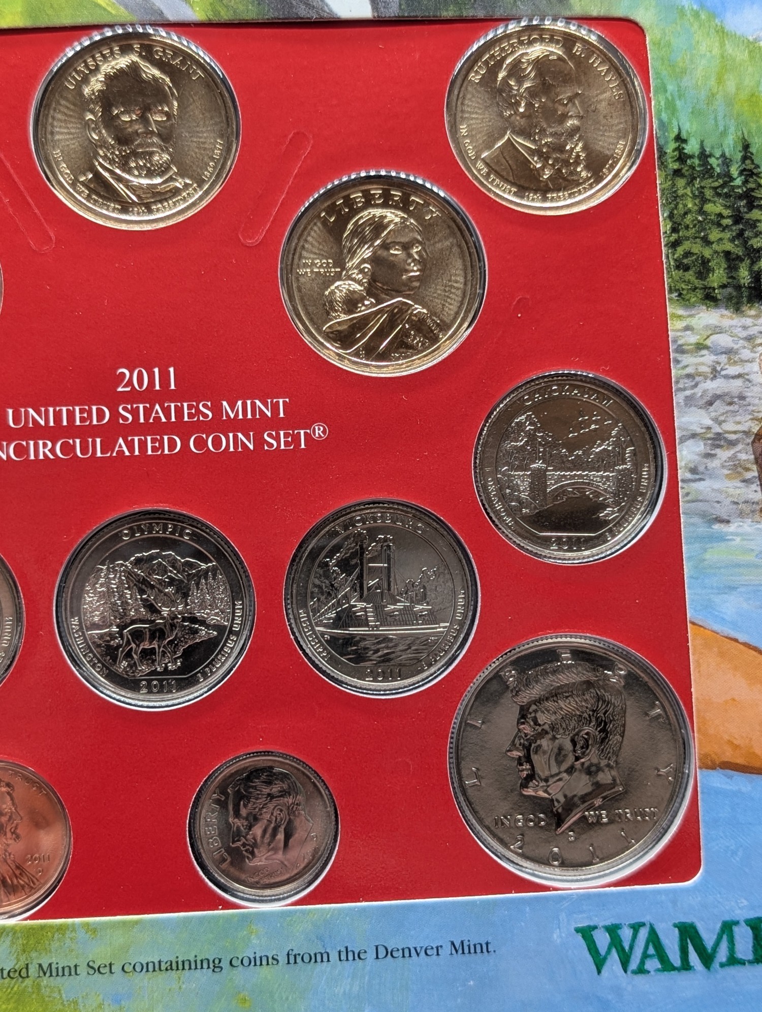 2011-D Only U.S. Mint Uncirculated Coin Set Including ATB Quarters, (4) Presidential Dollars, One Sacagawea Dollar and Stamps