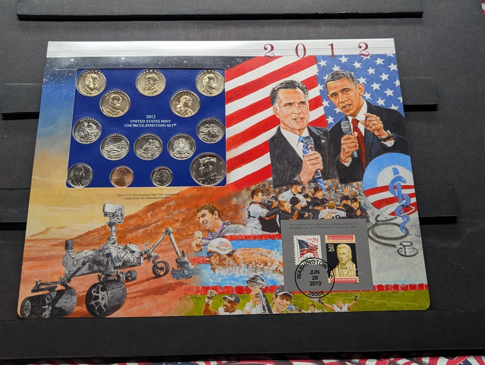 2012-P Only U.S. Mint Uncirculated Coin Set Including ATB Quarters, (4) Presidential Dollars, One Sacagawea Dollar and Stamps