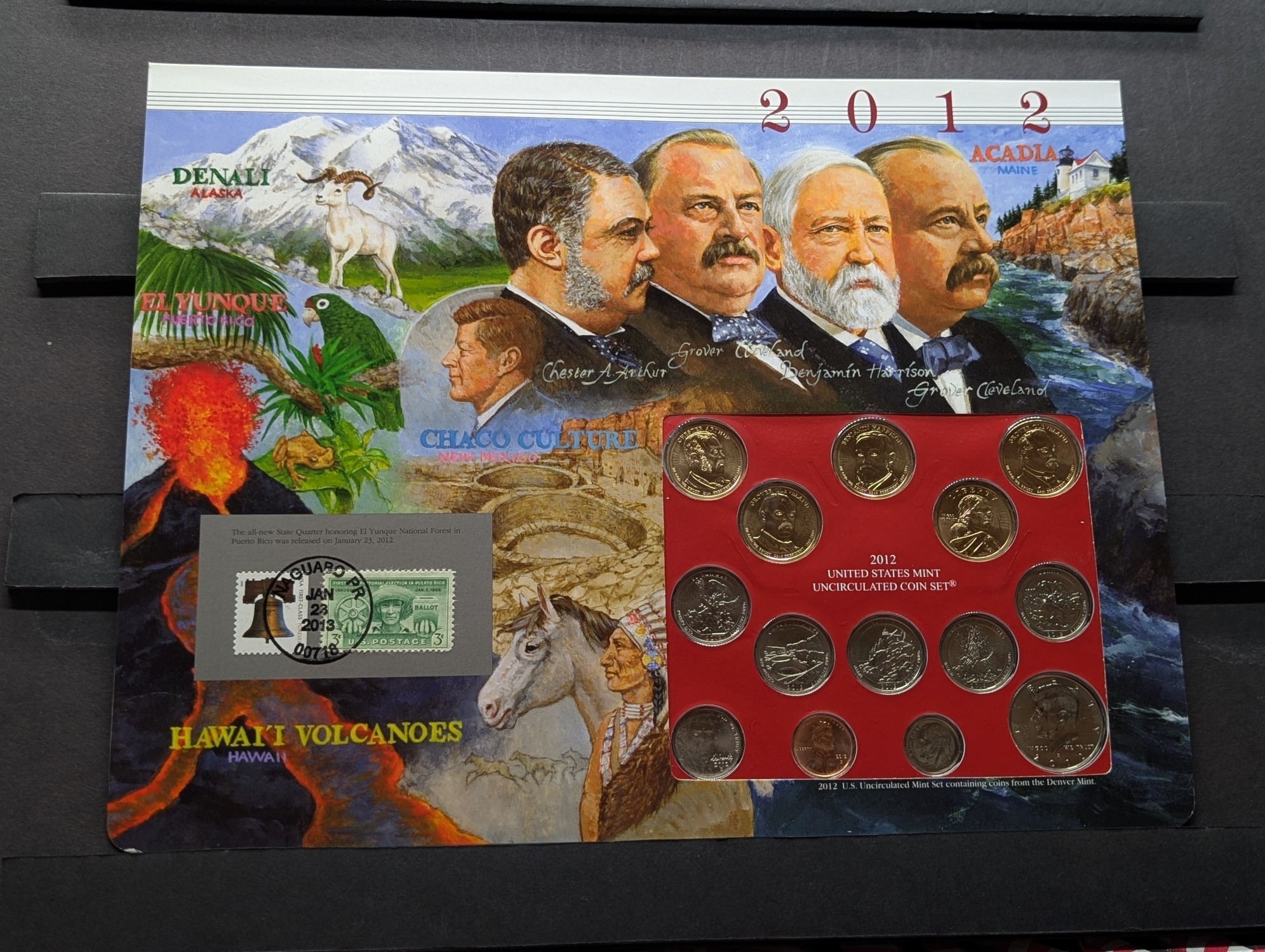 2012-D Only U.S. Mint Uncirculated Coin Set Including ATB Quarters, (4) Presidential Dollars, One Sacagawea Dollar and Stamps