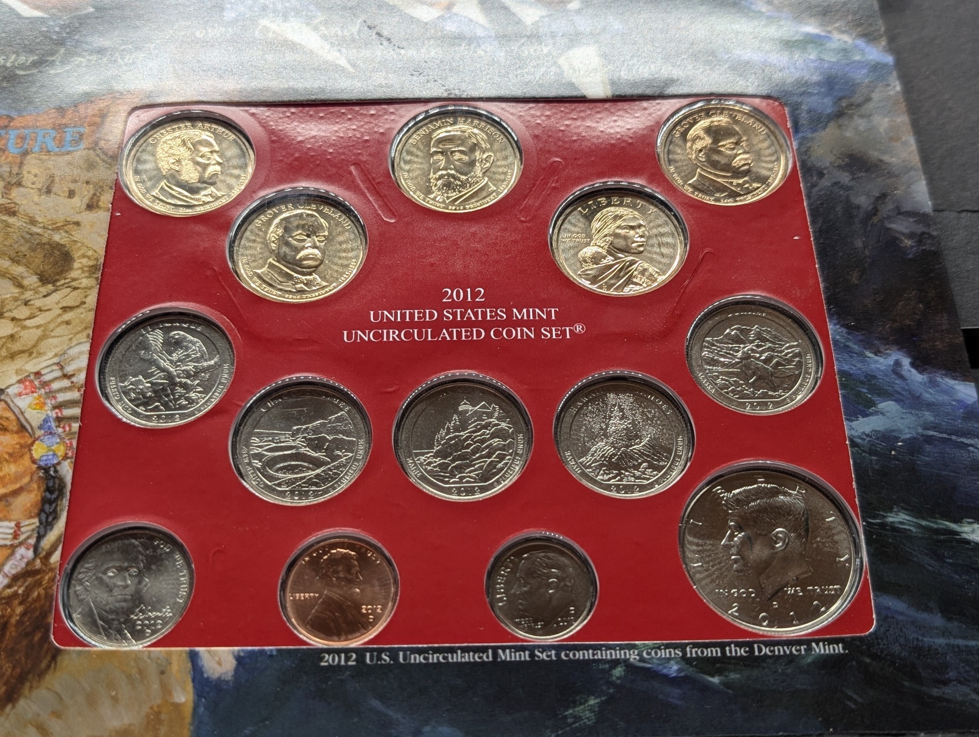 2012-D Only U.S. Mint Uncirculated Coin Set Including ATB Quarters, (4) Presidential Dollars, One Sacagawea Dollar and Stamps