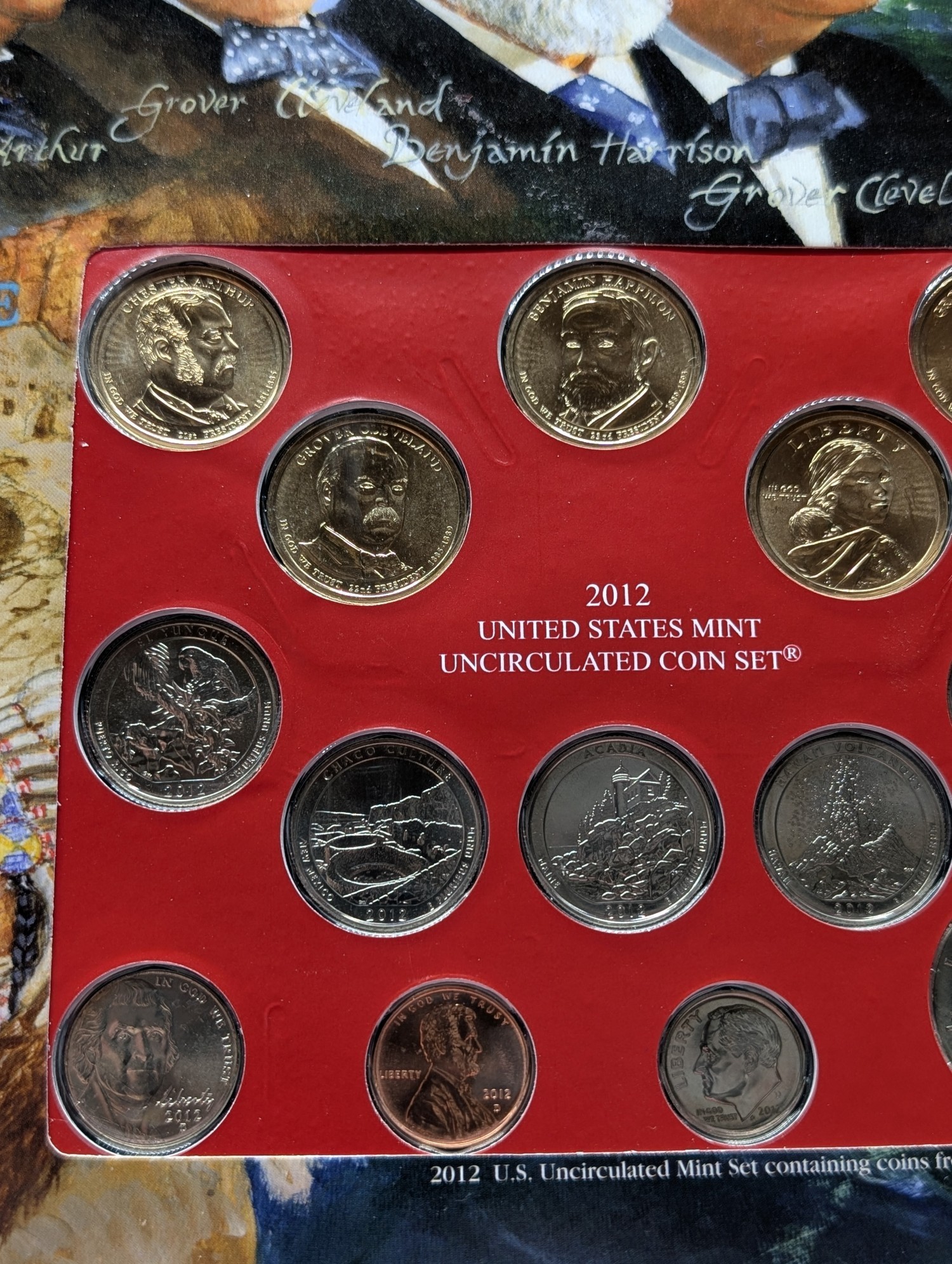 2012-D Only U.S. Mint Uncirculated Coin Set Including ATB Quarters, (4) Presidential Dollars, One Sacagawea Dollar and Stamps