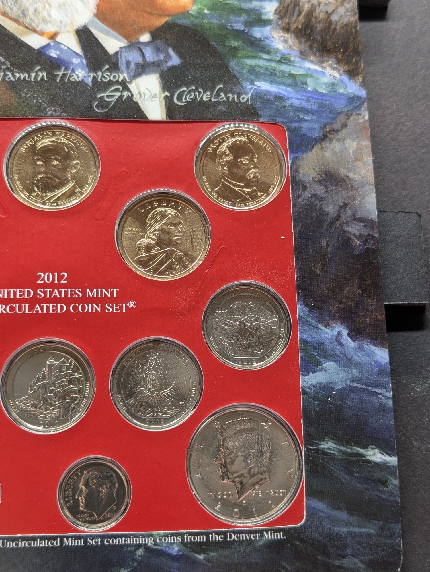 2012-D Only U.S. Mint Uncirculated Coin Set Including ATB Quarters, (4) Presidential Dollars, One Sacagawea Dollar and Stamps