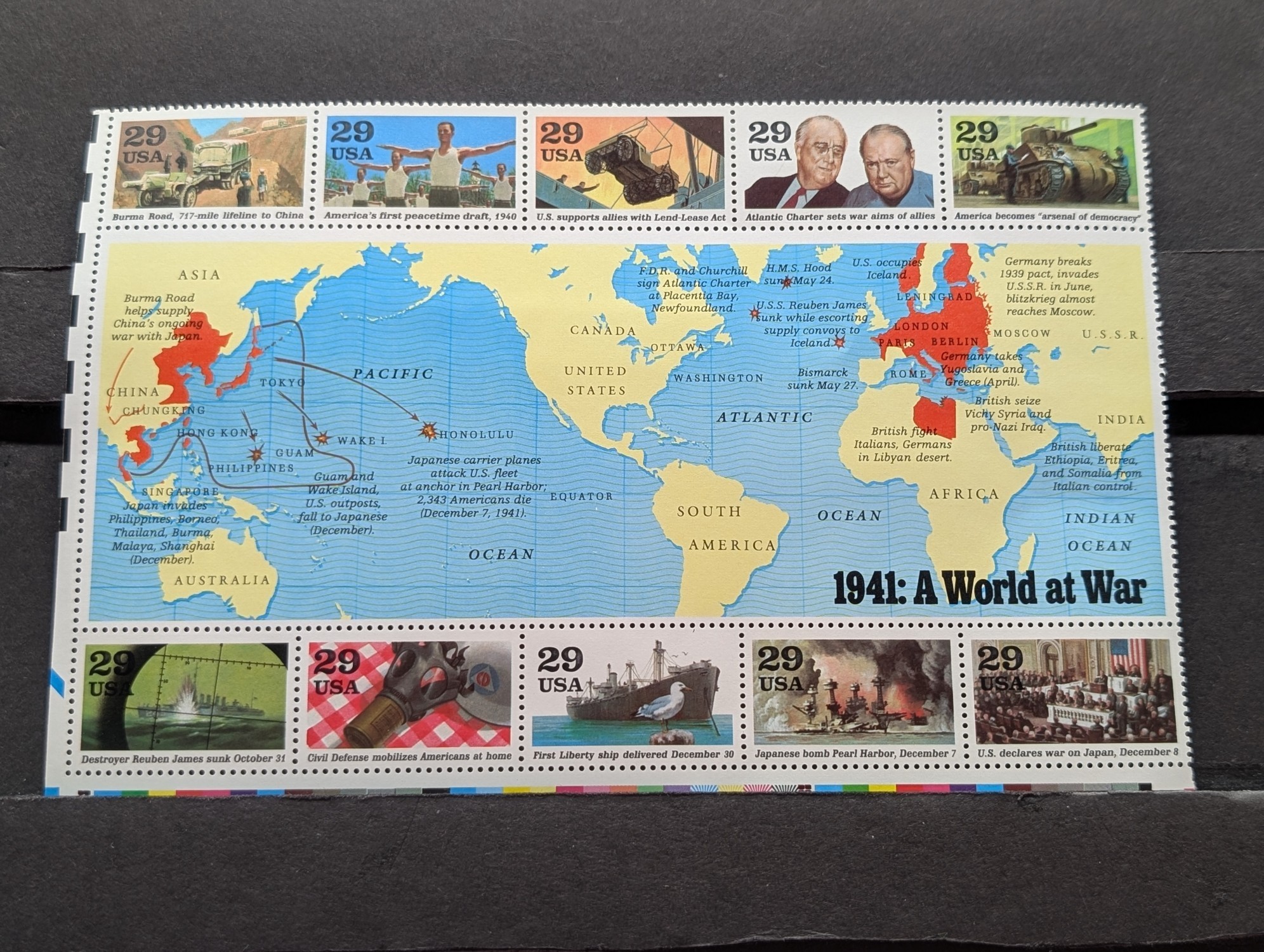 1991 A World At War (1941) Stamp Sheet, Scott # 2559, Mint, Original Gum, Never Hinged