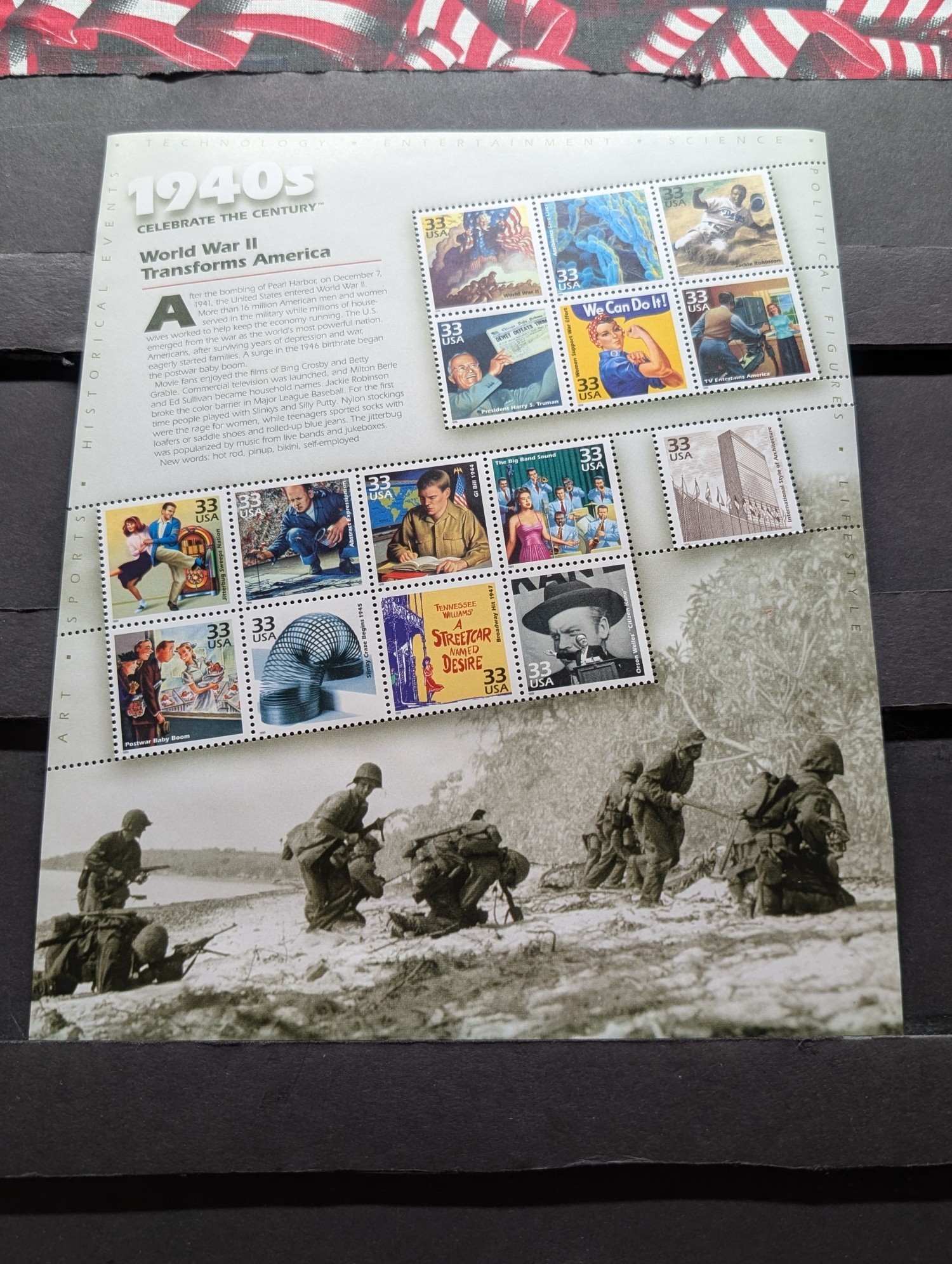 1998 World War II Transforms America Stamp Sheet, Scott # 3186, Mint, Original Gum, Never Hinged