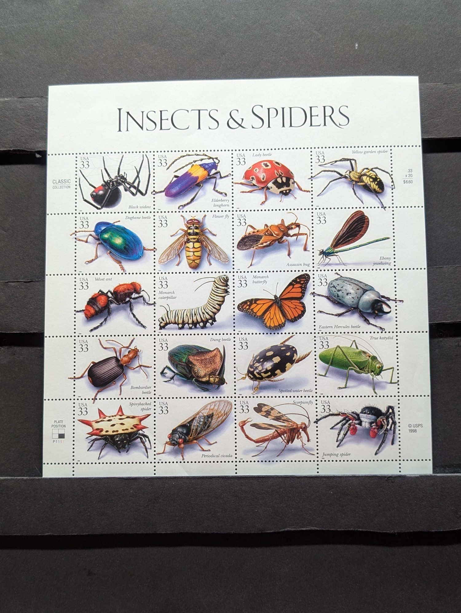 1999 Insects & Spiders Stamp Sheet, Scott # 3351, Mint, Original Gum, Never Hinged