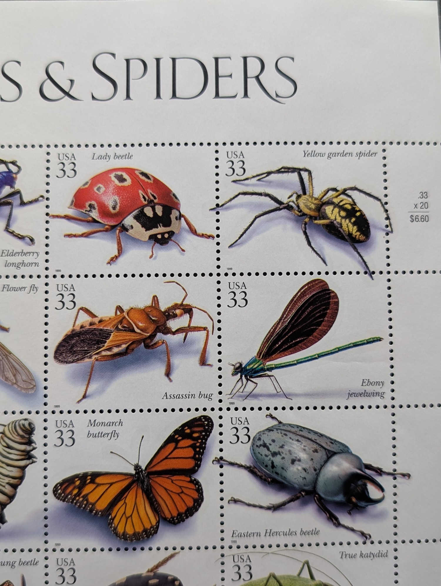 1999 Insects & Spiders Stamp Sheet, Scott # 3351, Mint, Original Gum, Never Hinged