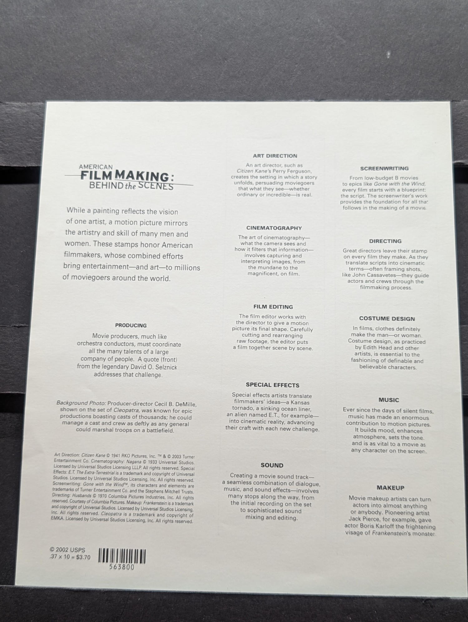 2003 American Film Making Behind The Scenes Stamp Sheet, Scott # 3772, Mint, Original Gum, Never Hinged