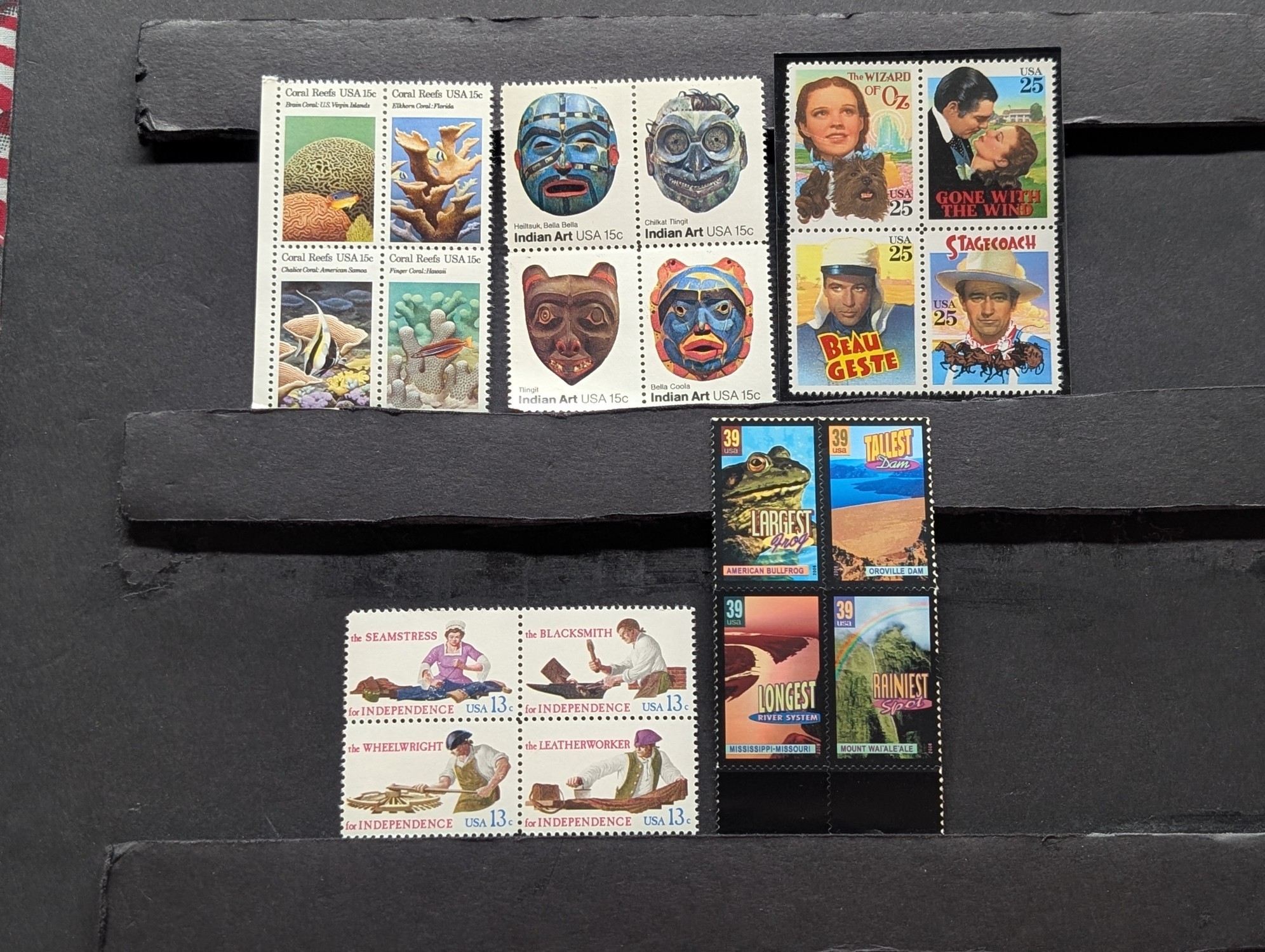 Five Assorted Four Block Stamps, All Mint, Original Gum, Never Hinged