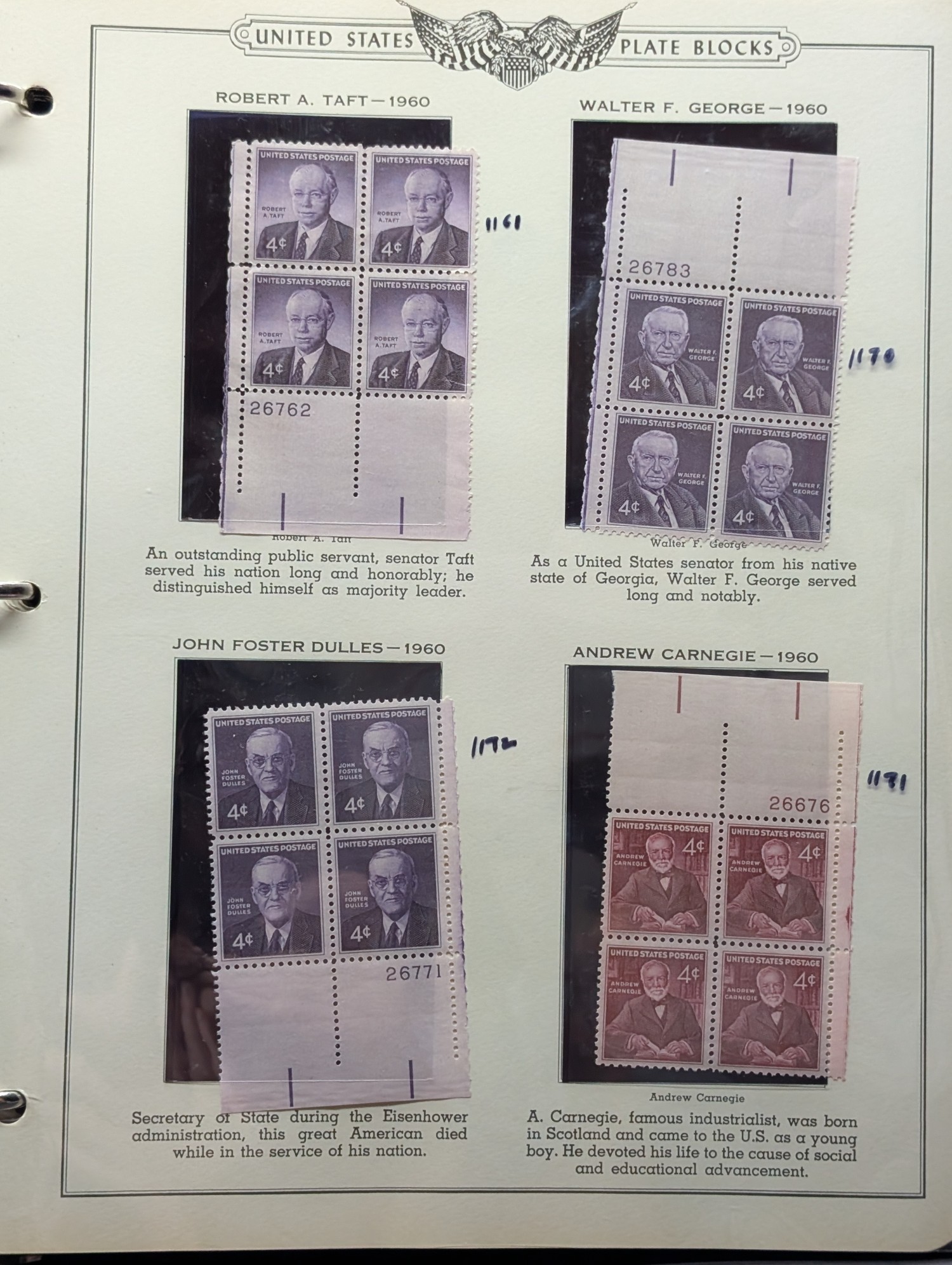 Binder With 35 Assorted Plate Block Stamps, All Mint, Original Gum, Never Hinged