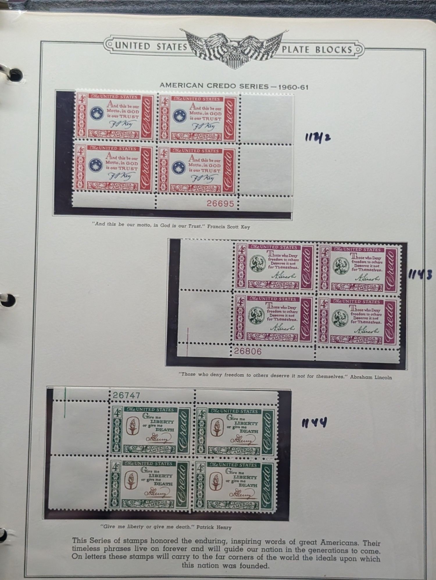 Binder With 35 Assorted Plate Block Stamps, All Mint, Original Gum, Never Hinged