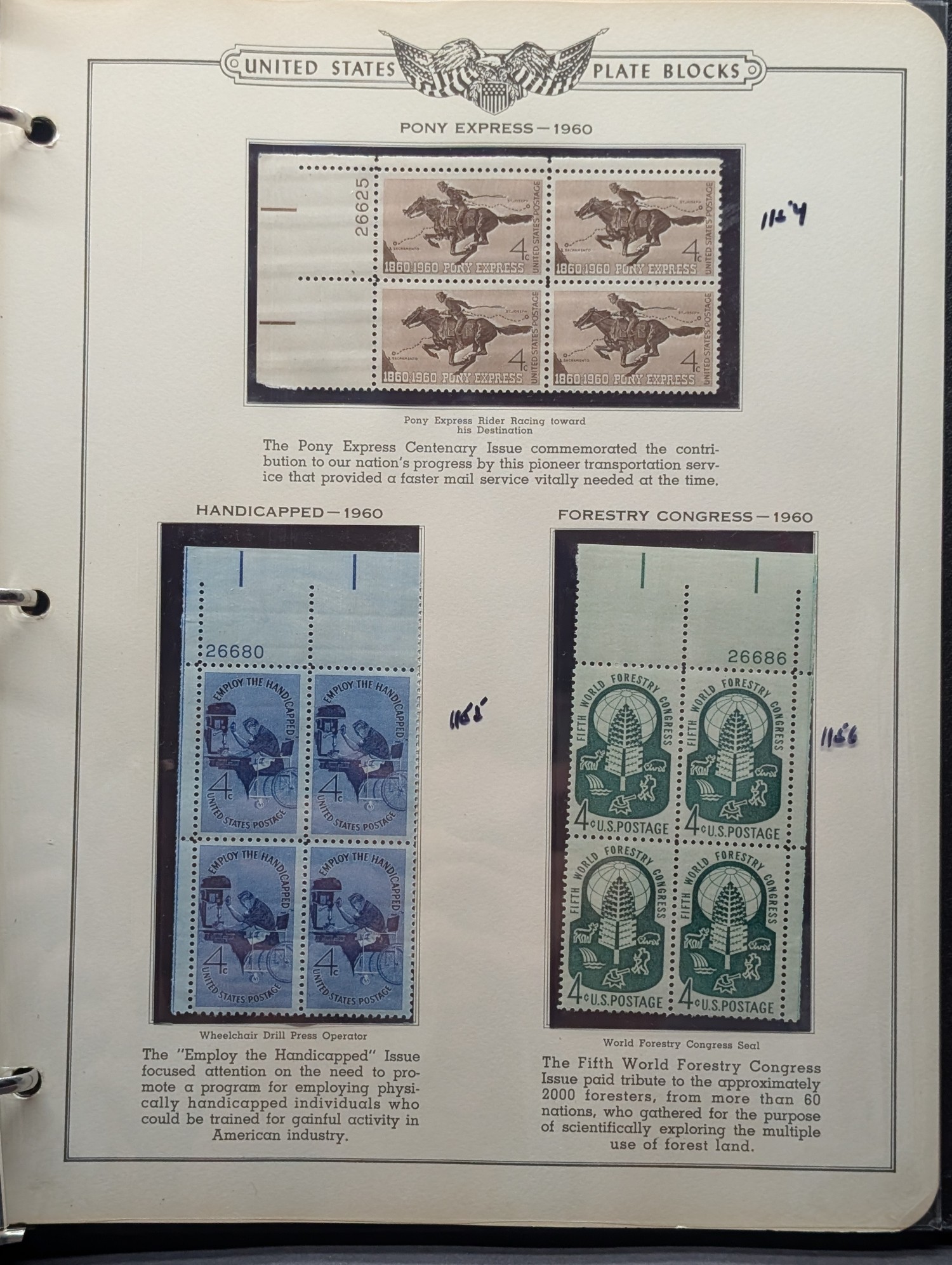 Binder With 35 Assorted Plate Block Stamps, All Mint, Original Gum, Never Hinged