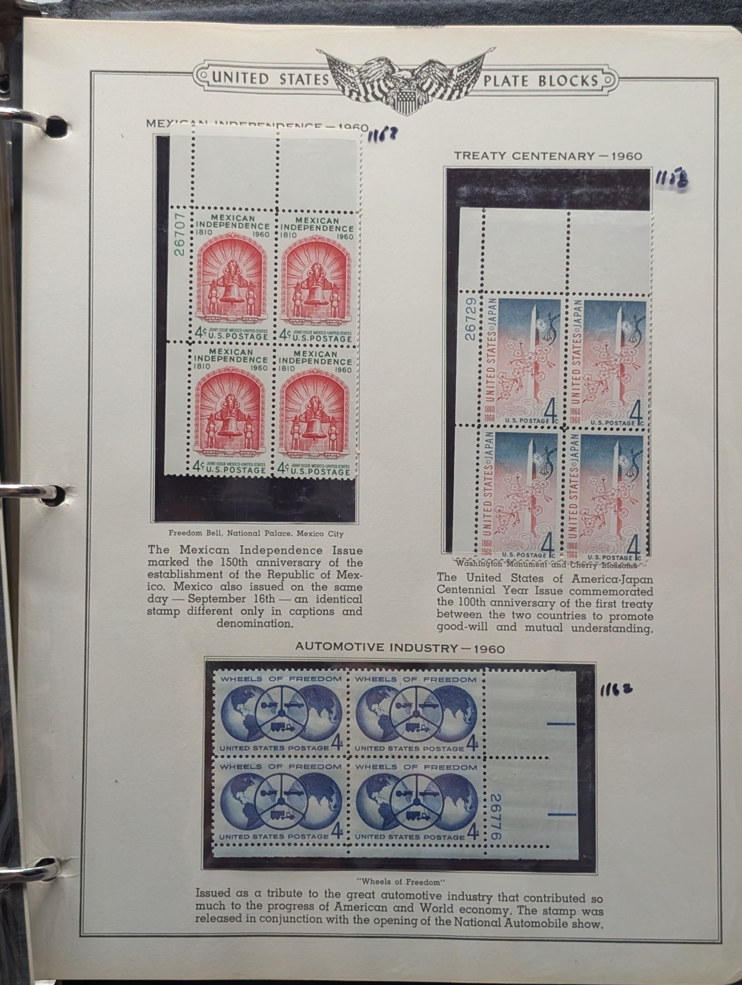 Binder With 35 Assorted Plate Block Stamps, All Mint, Original Gum, Never Hinged
