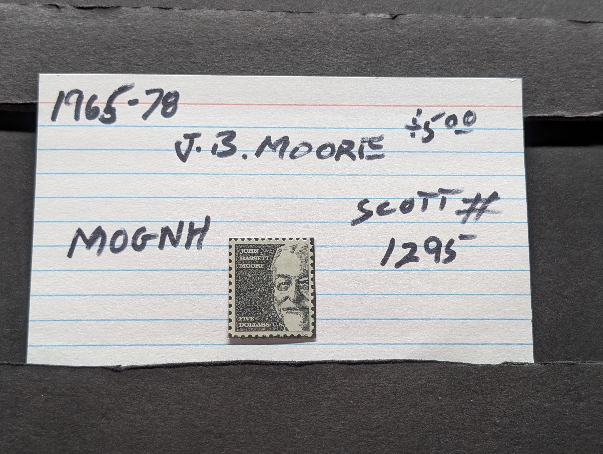 1965-1978 J.B. Moore Five Dollar Stamp, Scott # 1295, Mint, Original Gum, Never Hinged