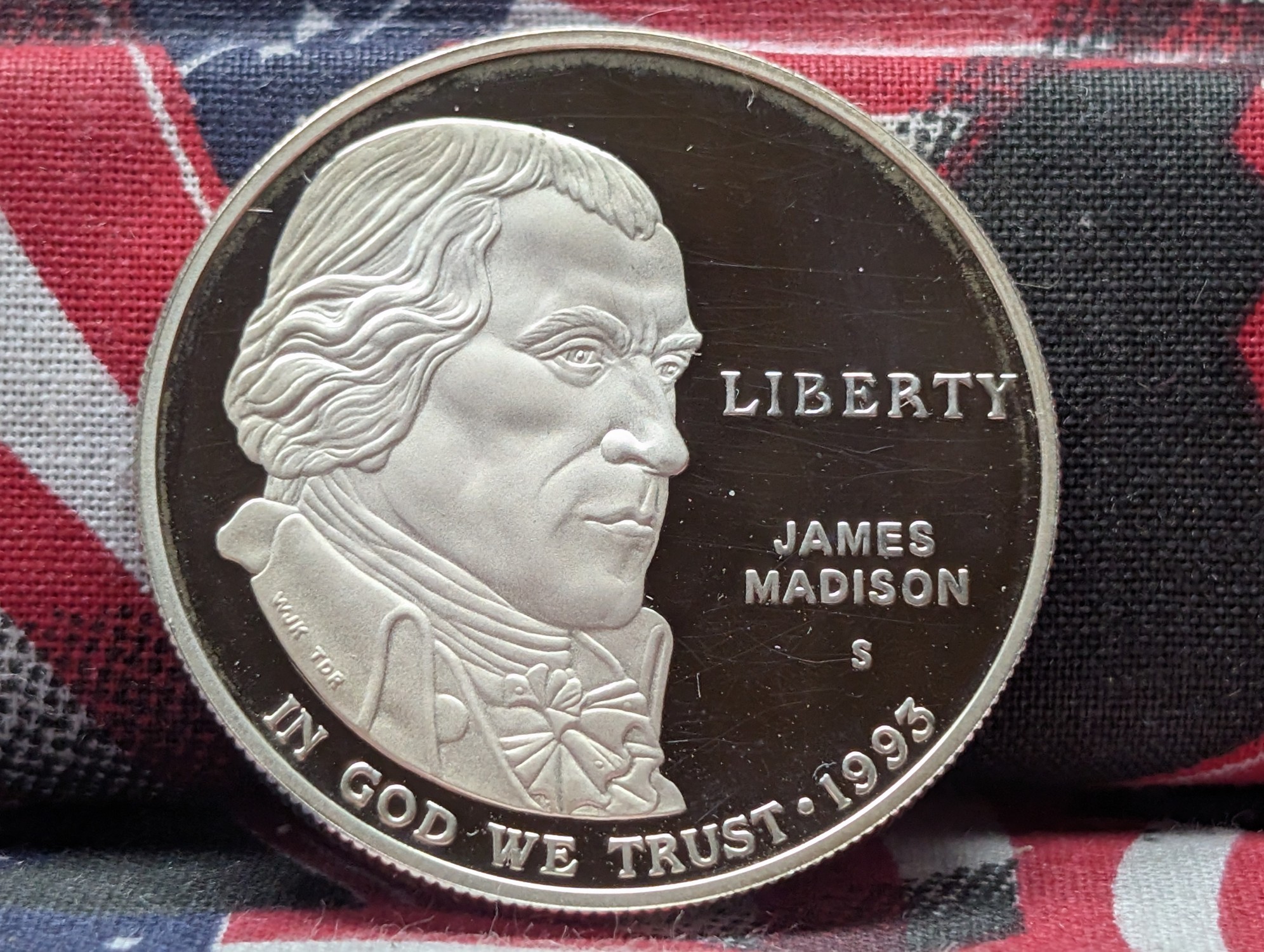1993-S James Madison Bill of Rights Commemorative Proof Silver Dollar, 26.73 Grams .900 Silver