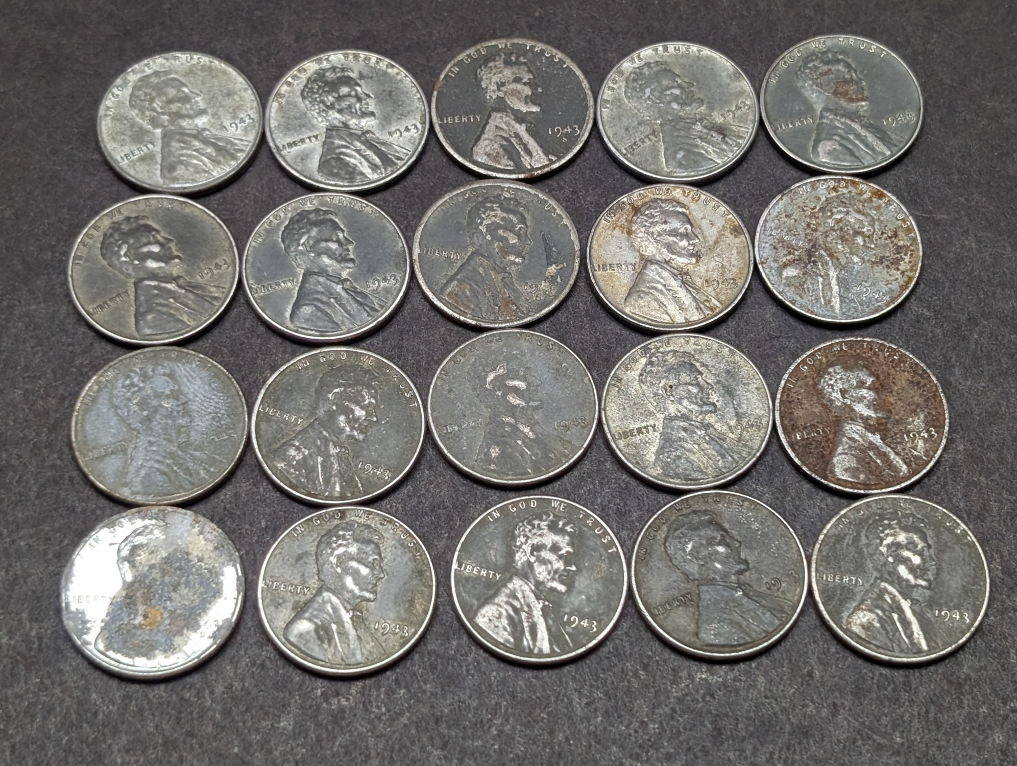 (20) 1943 Steel Lincoln Wheat Cents, Some with Mint Marks
