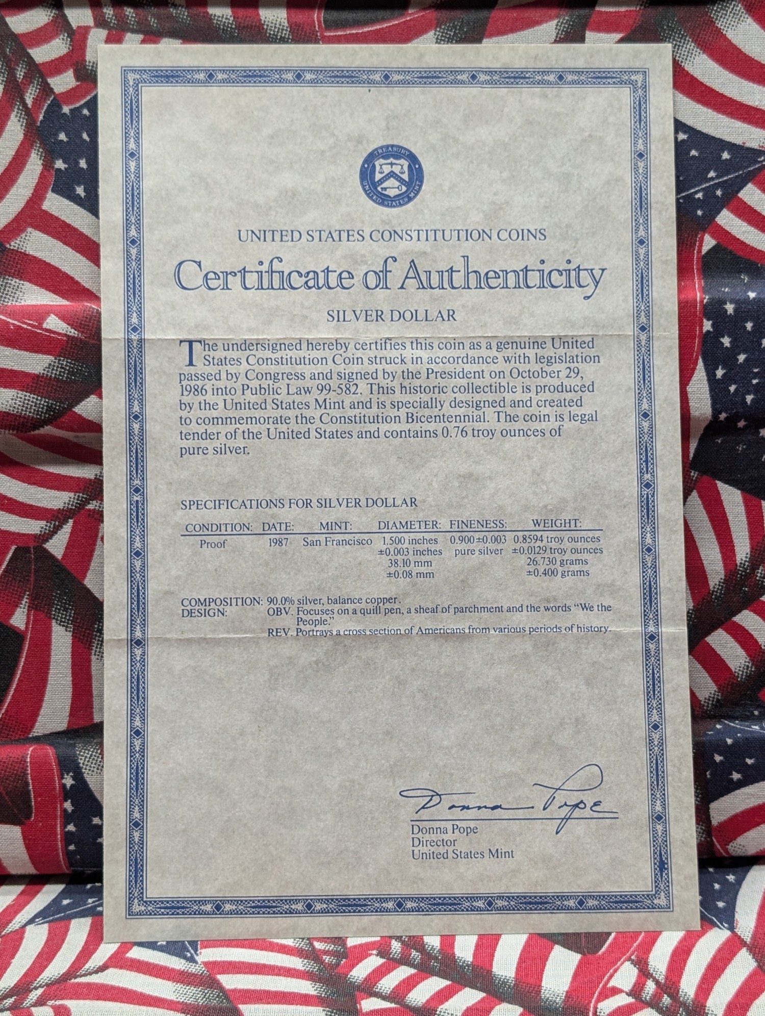 1987-S Proof United States Constitution 90% Silver Commemorative Dollar, 26.73g
