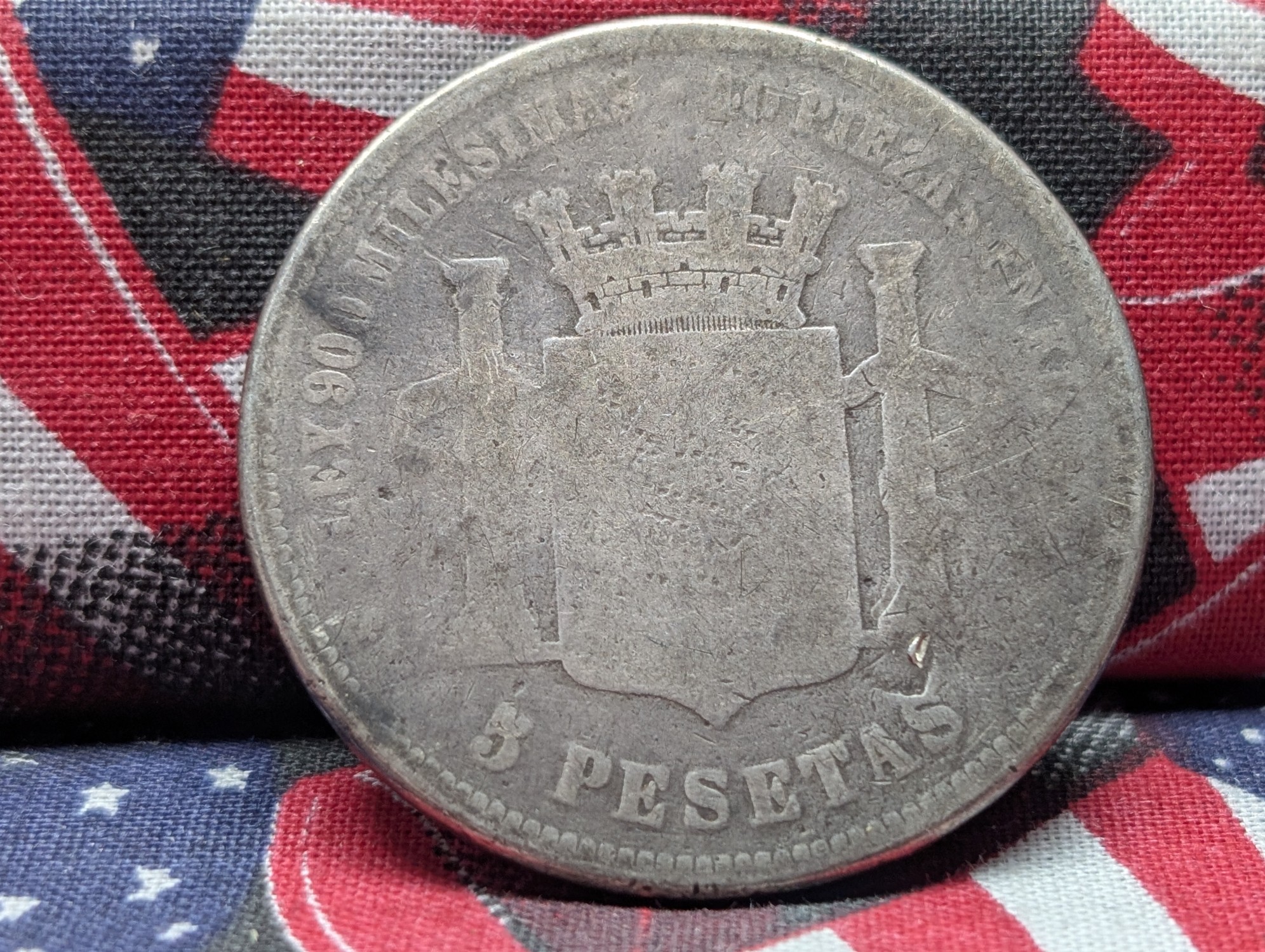 1870 Spain 5 90% Silver Pesetas - 25 Grams