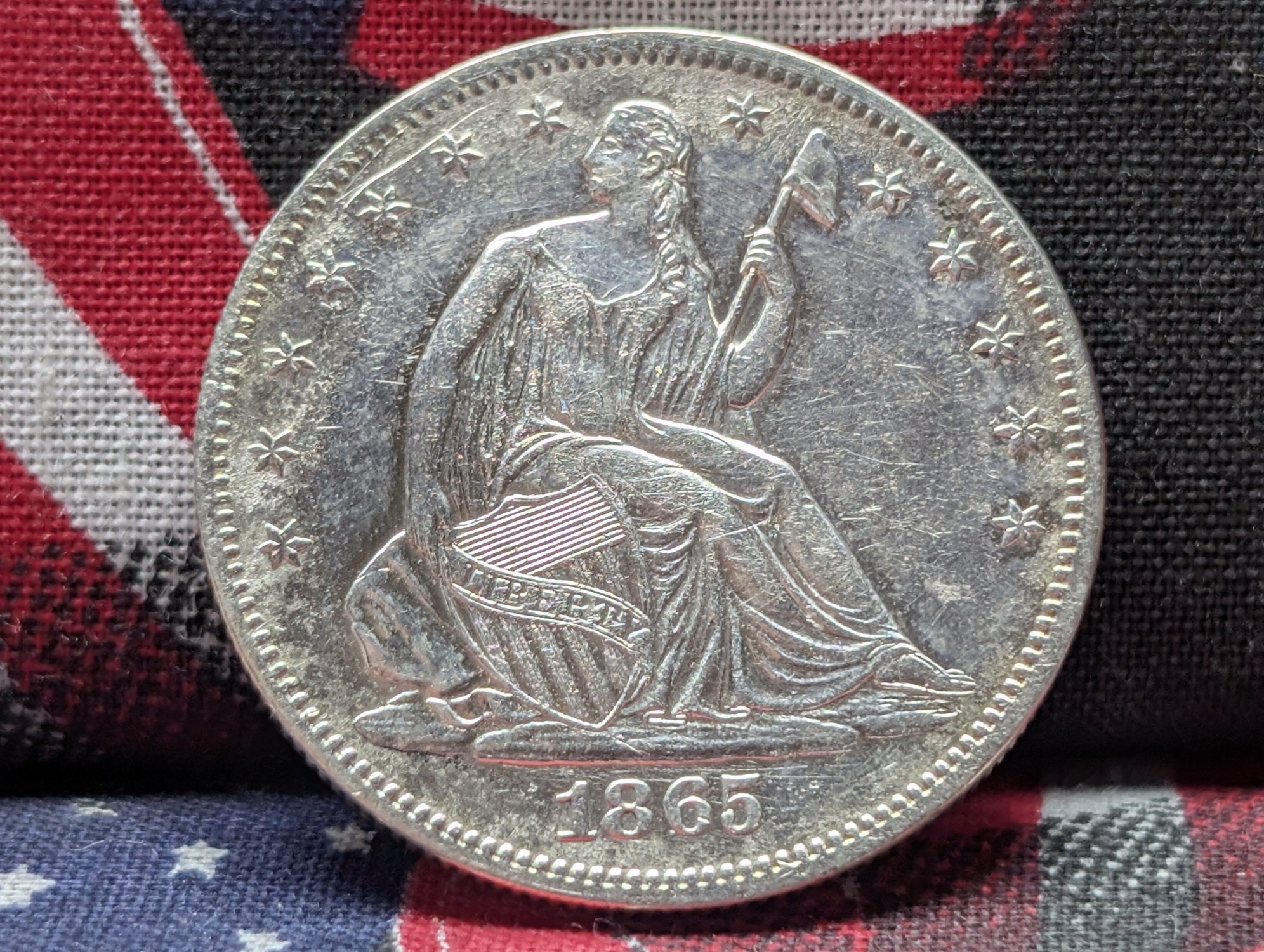 AU/UNC - 1865 w/ Drapery Seated Liberty 90% Silver Half Dollar