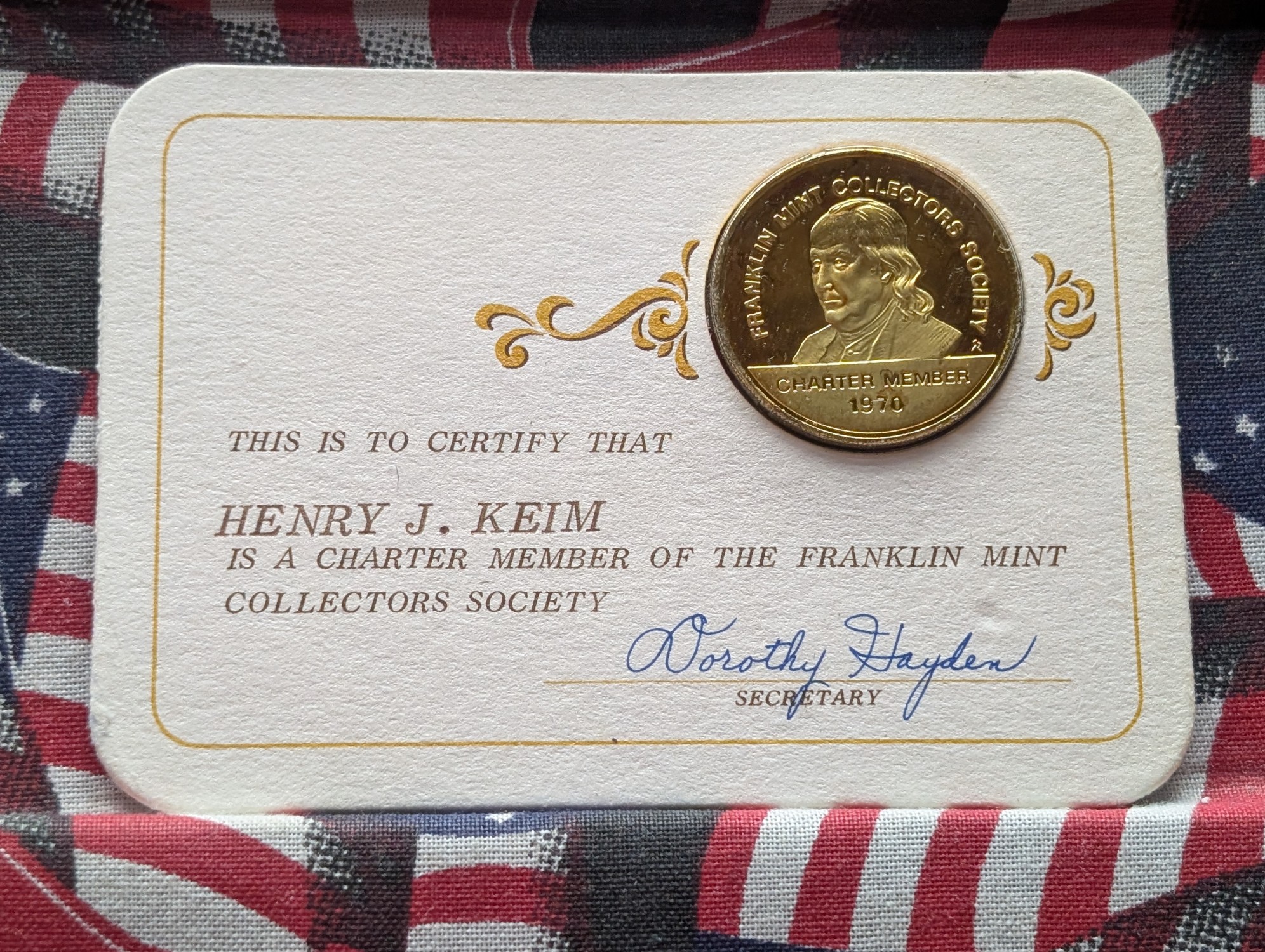 1970 Dated Franklin Mint Sterling Silver & Gold Plated Charter Member Medal