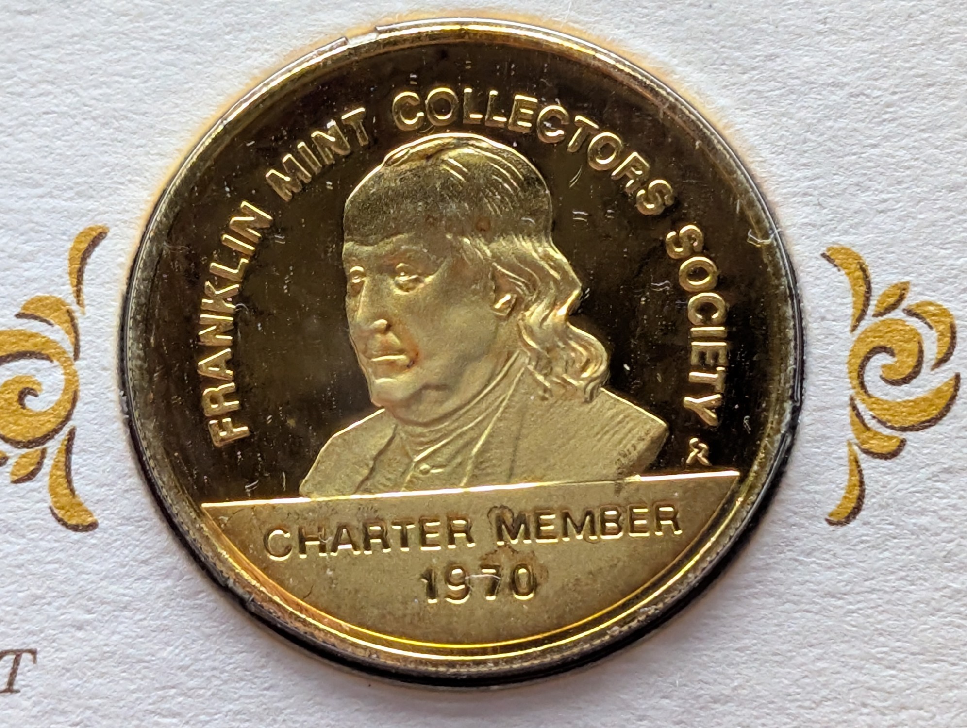 1970 Dated Franklin Mint Sterling Silver & Gold Plated Charter Member Medal