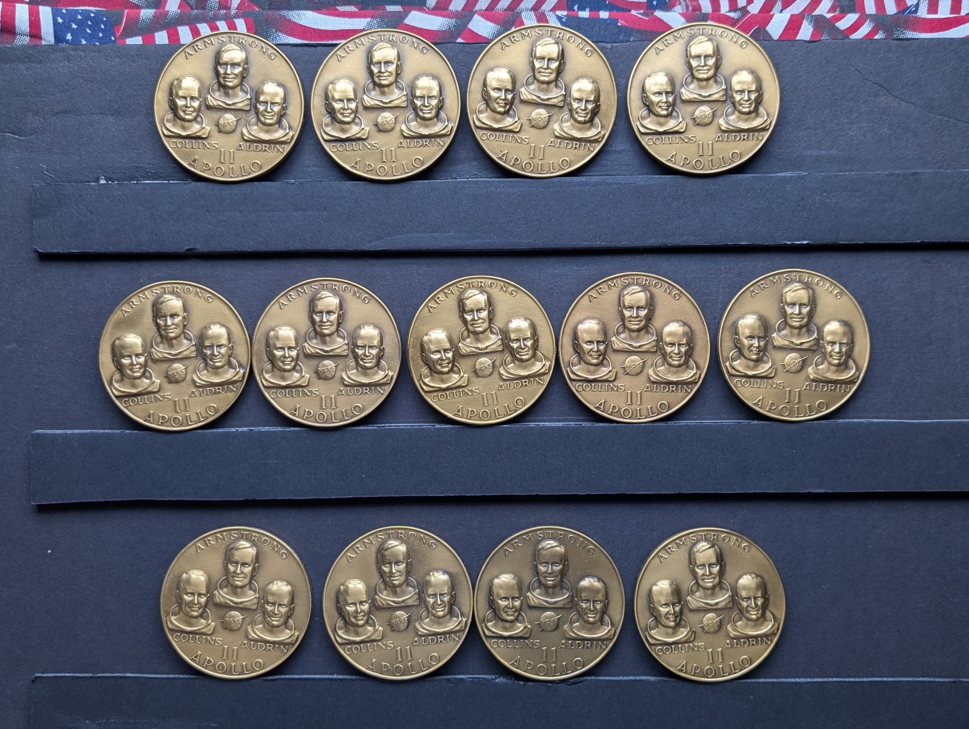 (13) Apollo 11 Vintage Commemorative Bronze Medals in Storage Box