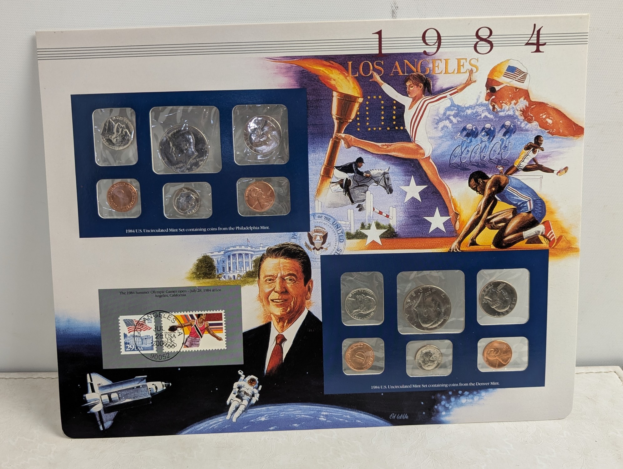 1984-1988 P&D U.S. Mint UNC Sets in Display w/ Commem Stamps (5 Sets)
