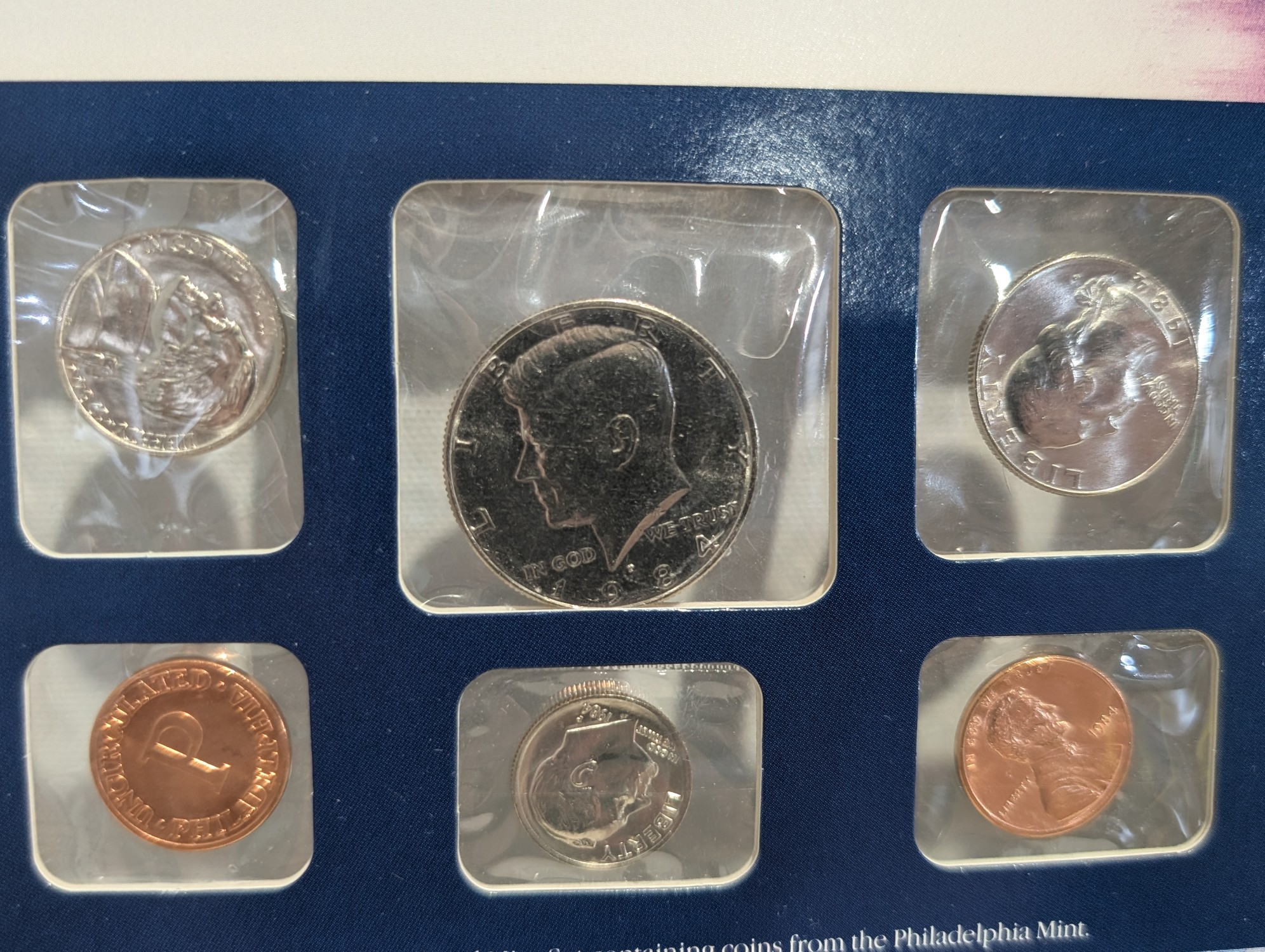 1984-1988 P&D U.S. Mint UNC Sets in Display w/ Commem Stamps (5 Sets)