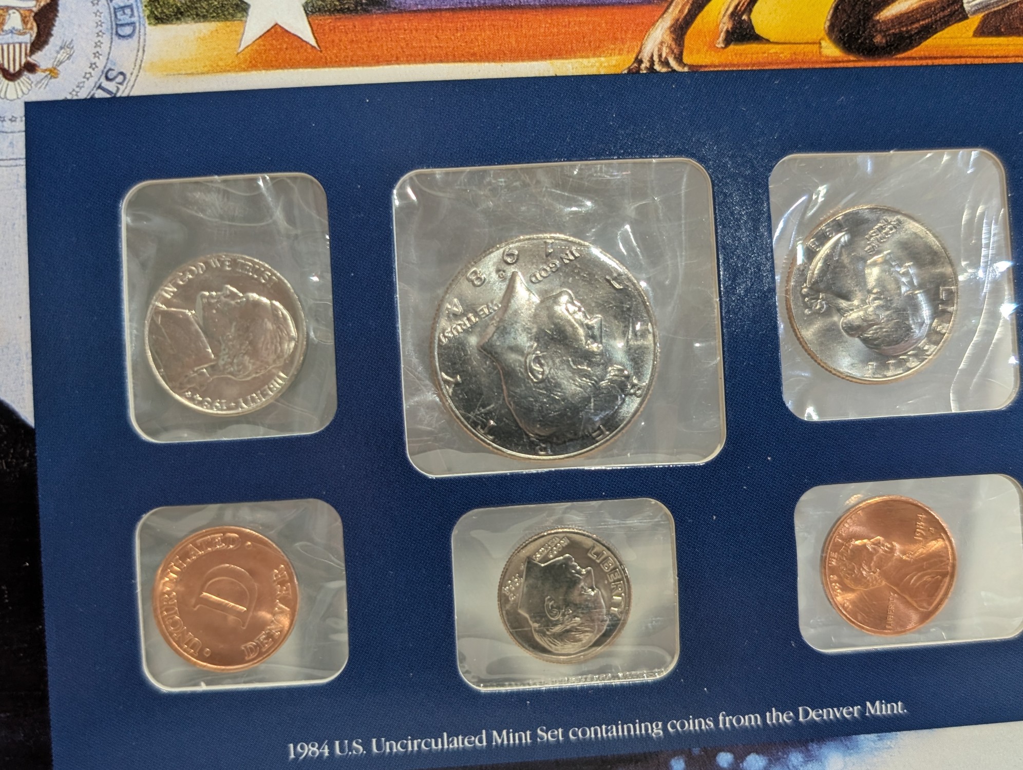 1984-1988 P&D U.S. Mint UNC Sets in Display w/ Commem Stamps (5 Sets)
