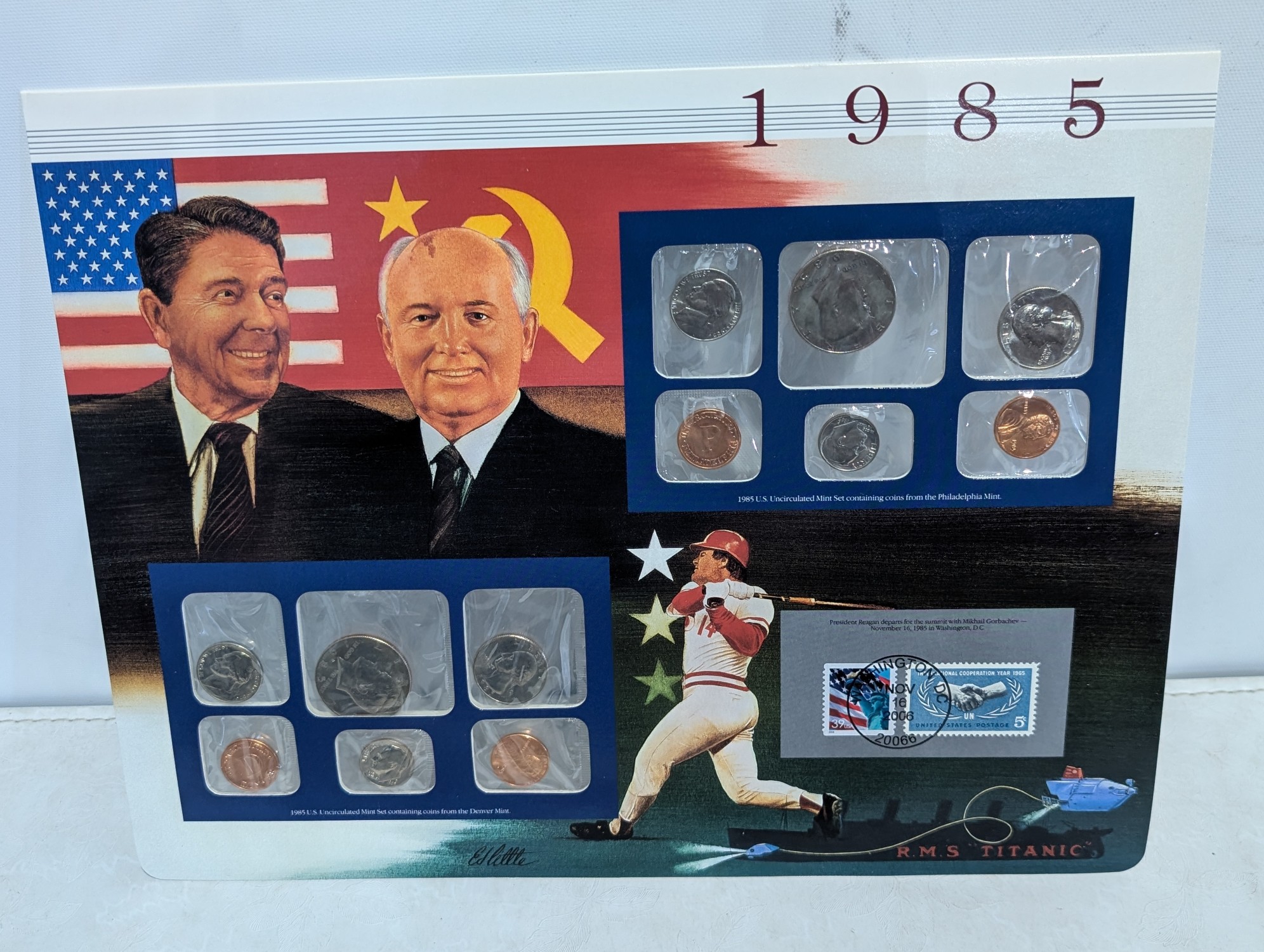 1984-1988 P&D U.S. Mint UNC Sets in Display w/ Commem Stamps (5 Sets)