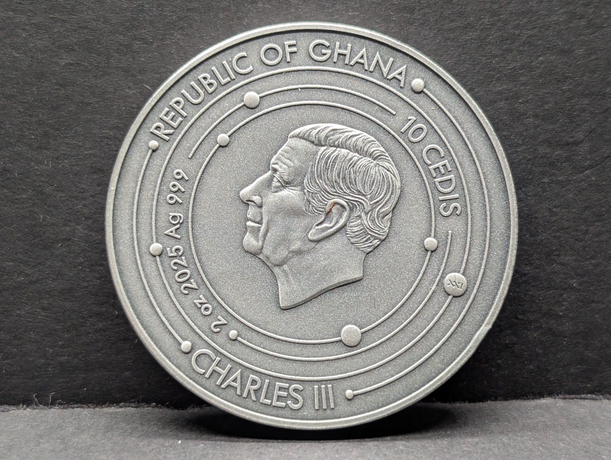 Limited Edition HIGH RELIEF Antique Finish Solar System 2 Oz. .999 FINE SILVER 2025 Republic of Ghana 10 Cedis Moon (Waxing Cresent) Coin in