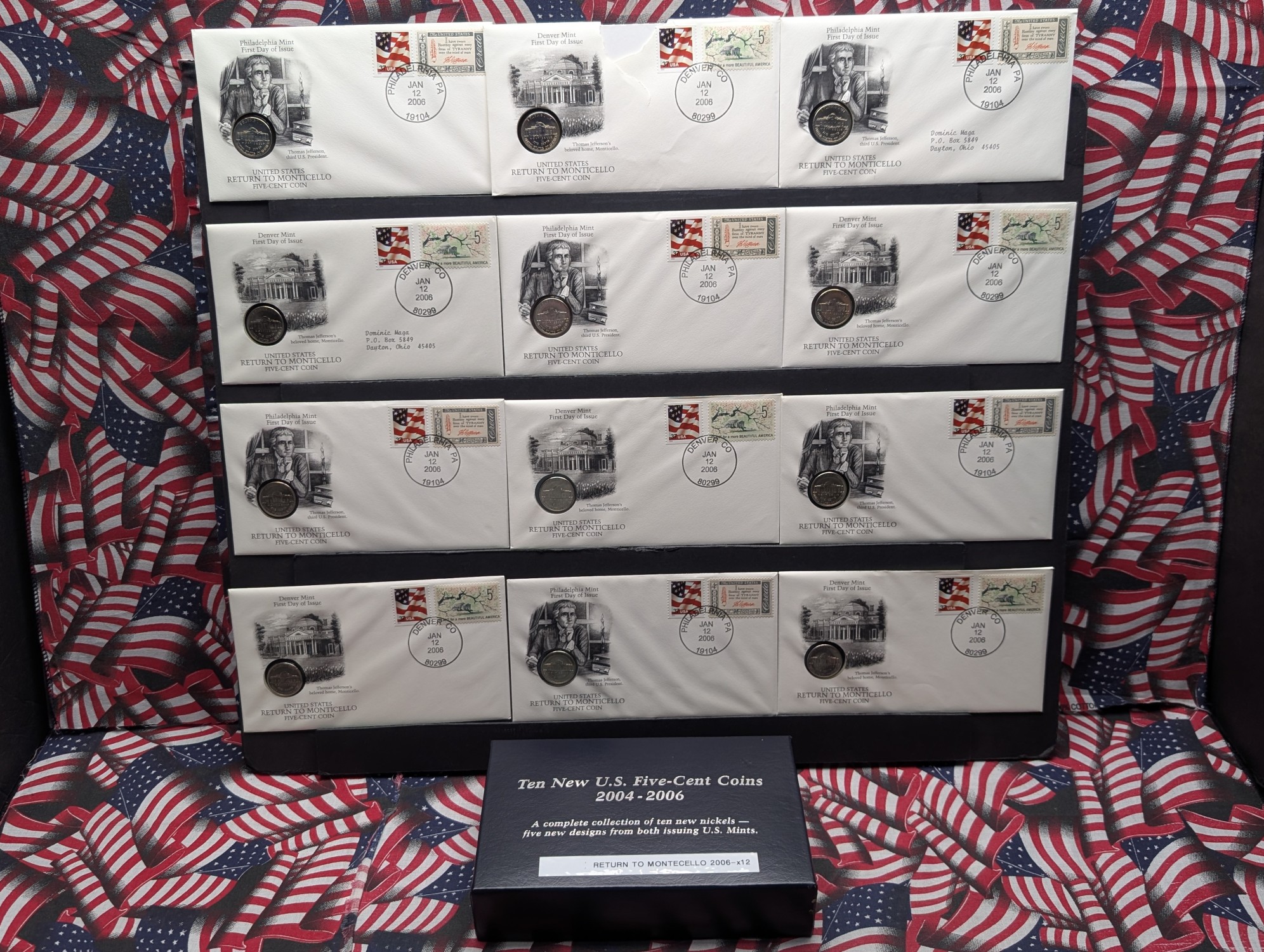 (12) 2006 P&D Mint Return to Monticello Nickel Collection in First Day Covers in Storage Box w/ COA