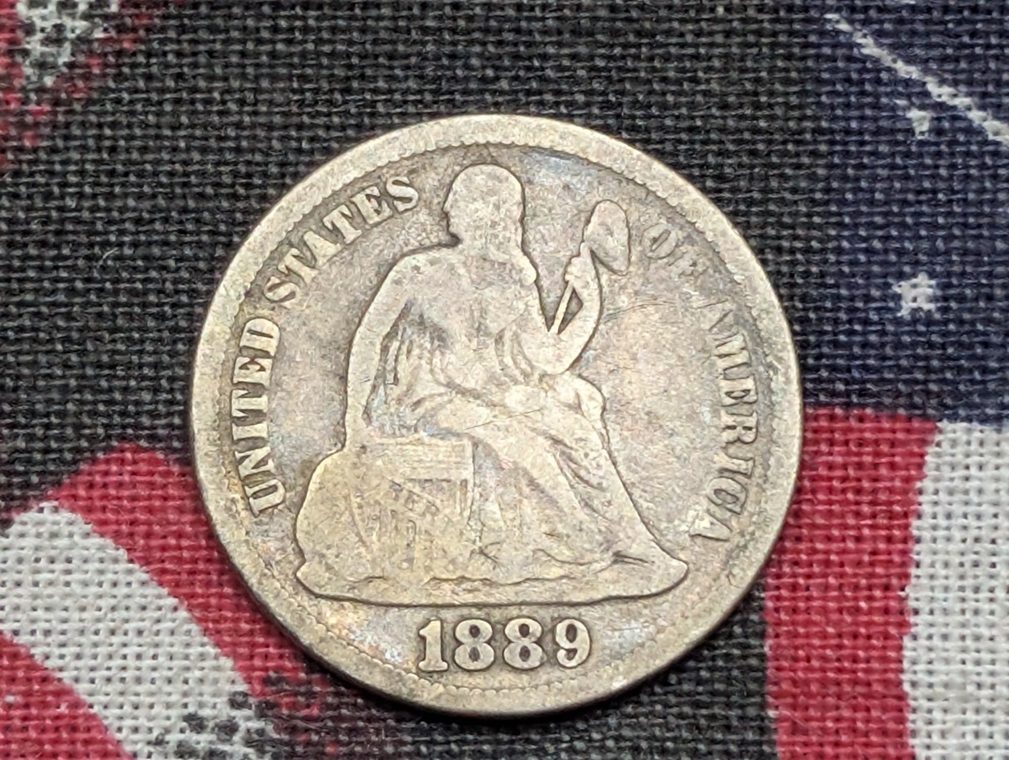 1889 w/ Legend Seated Liberty 90% Silver Dime - VG