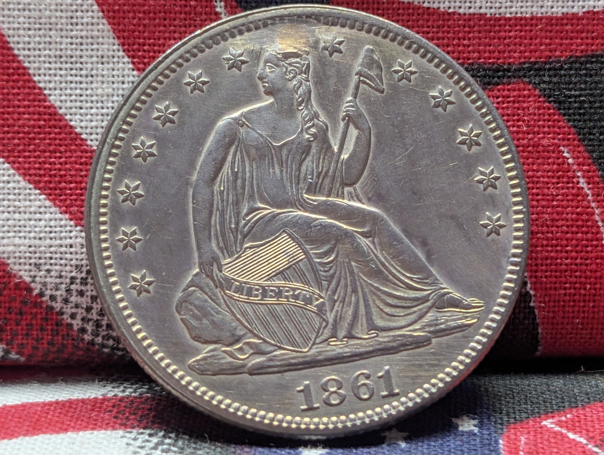 1861 w/ Drapery Seated Liberty 90% Silver Half Dollar w/ Repaired Plugged - UNC