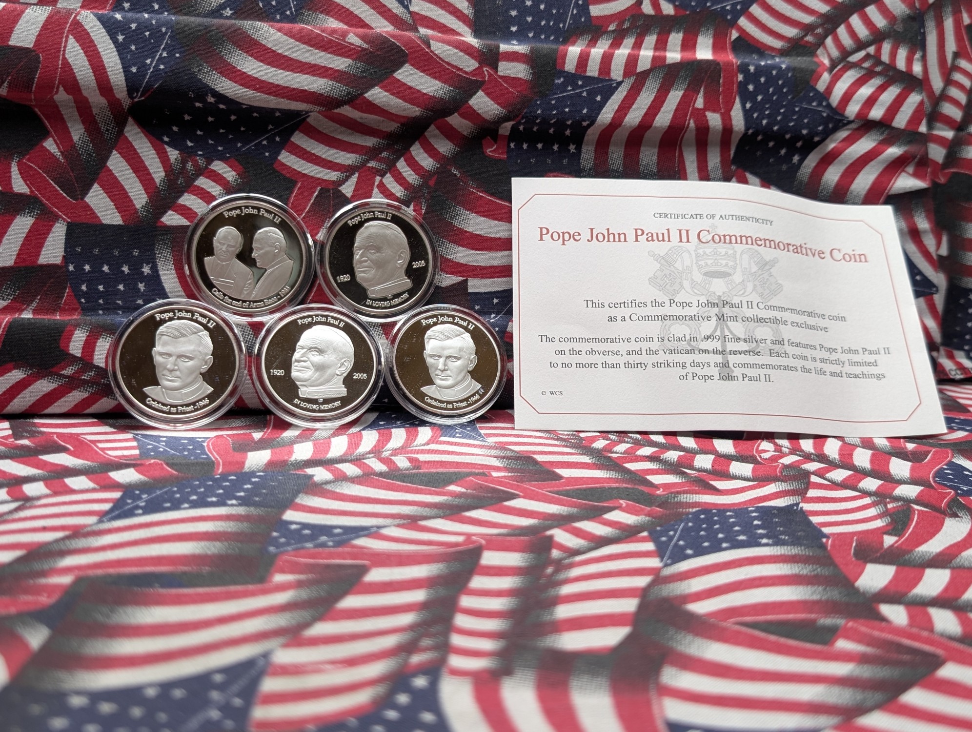 (5) Assorted Pope John Paul II Clad Plated In .999 Silver Commemorative Medals in Capsules w/ COA