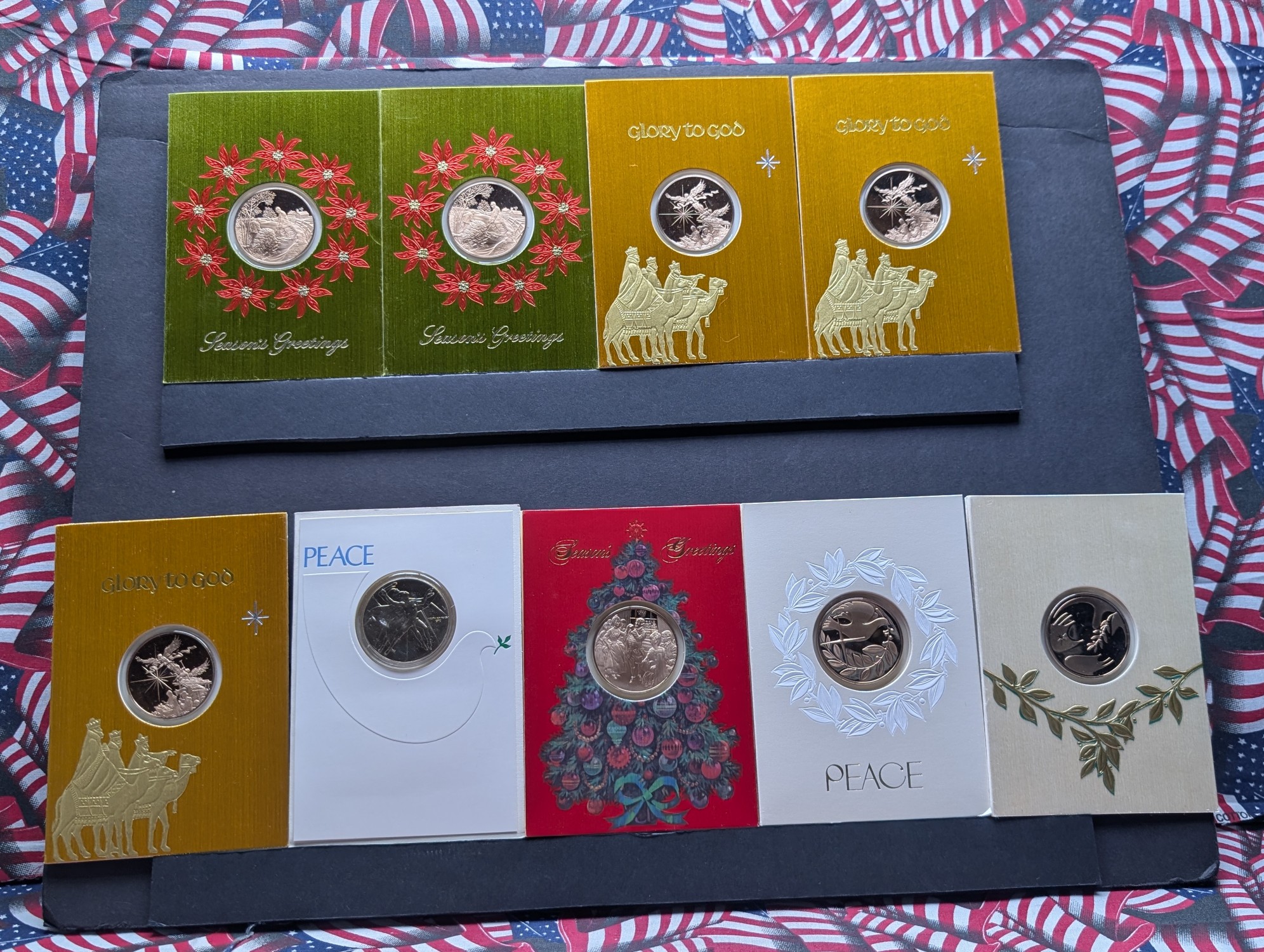 (9) Assorted Holiday Greeting Cards with Vintage Commem Bronze Medals