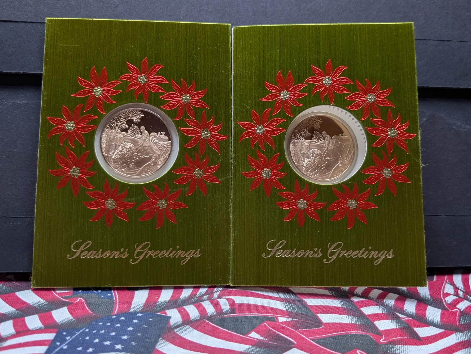 (9) Assorted Holiday Greeting Cards with Vintage Commem Bronze Medals