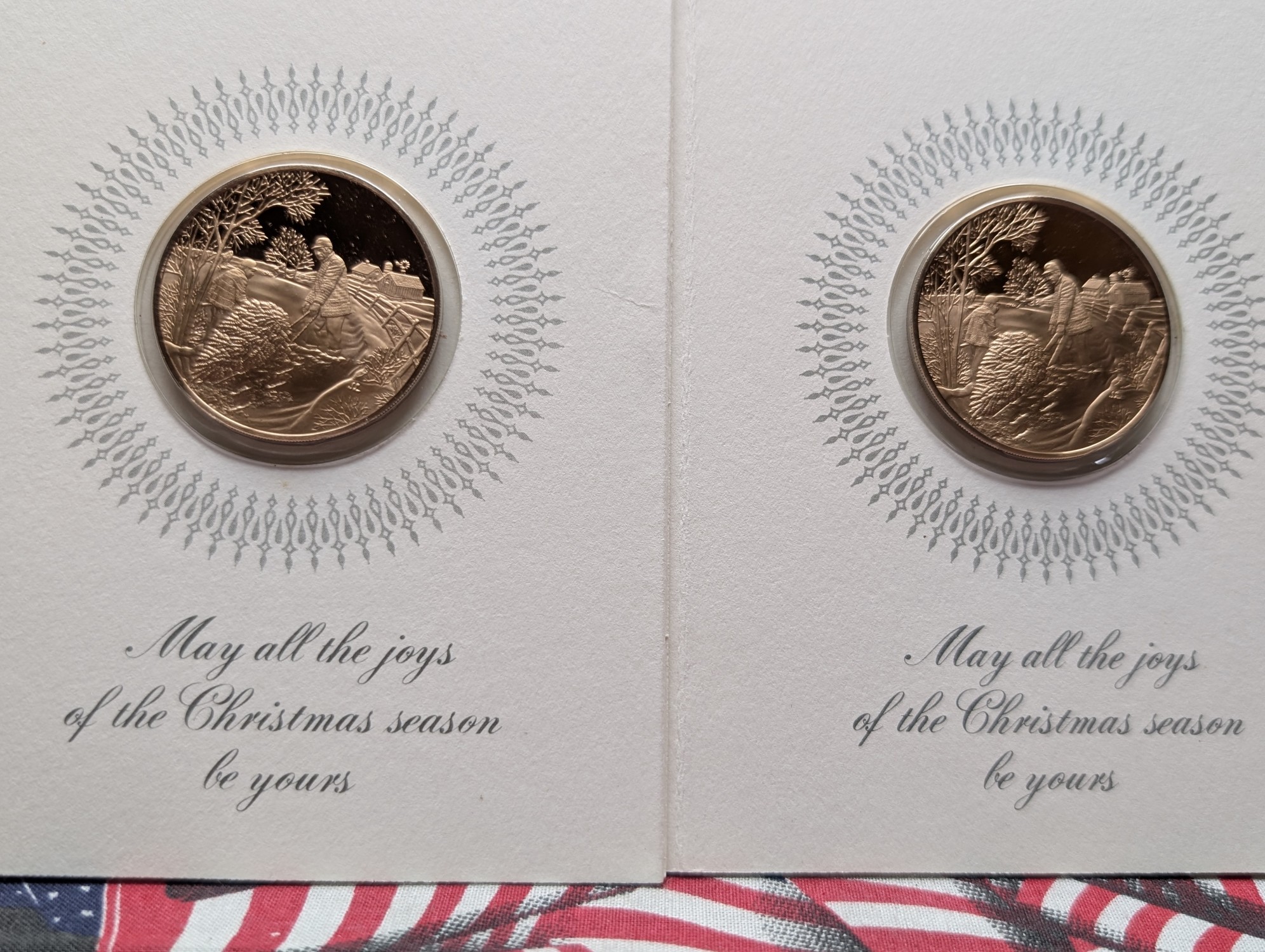 (9) Assorted Holiday Greeting Cards with Vintage Commem Bronze Medals