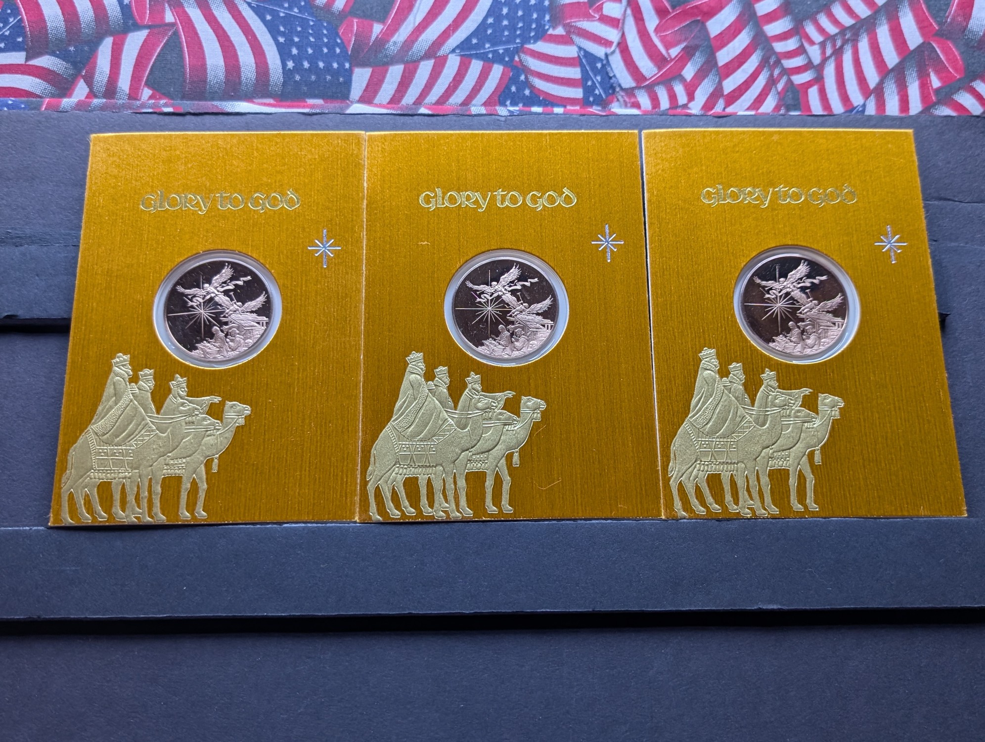 (9) Assorted Holiday Greeting Cards with Vintage Commem Bronze Medals