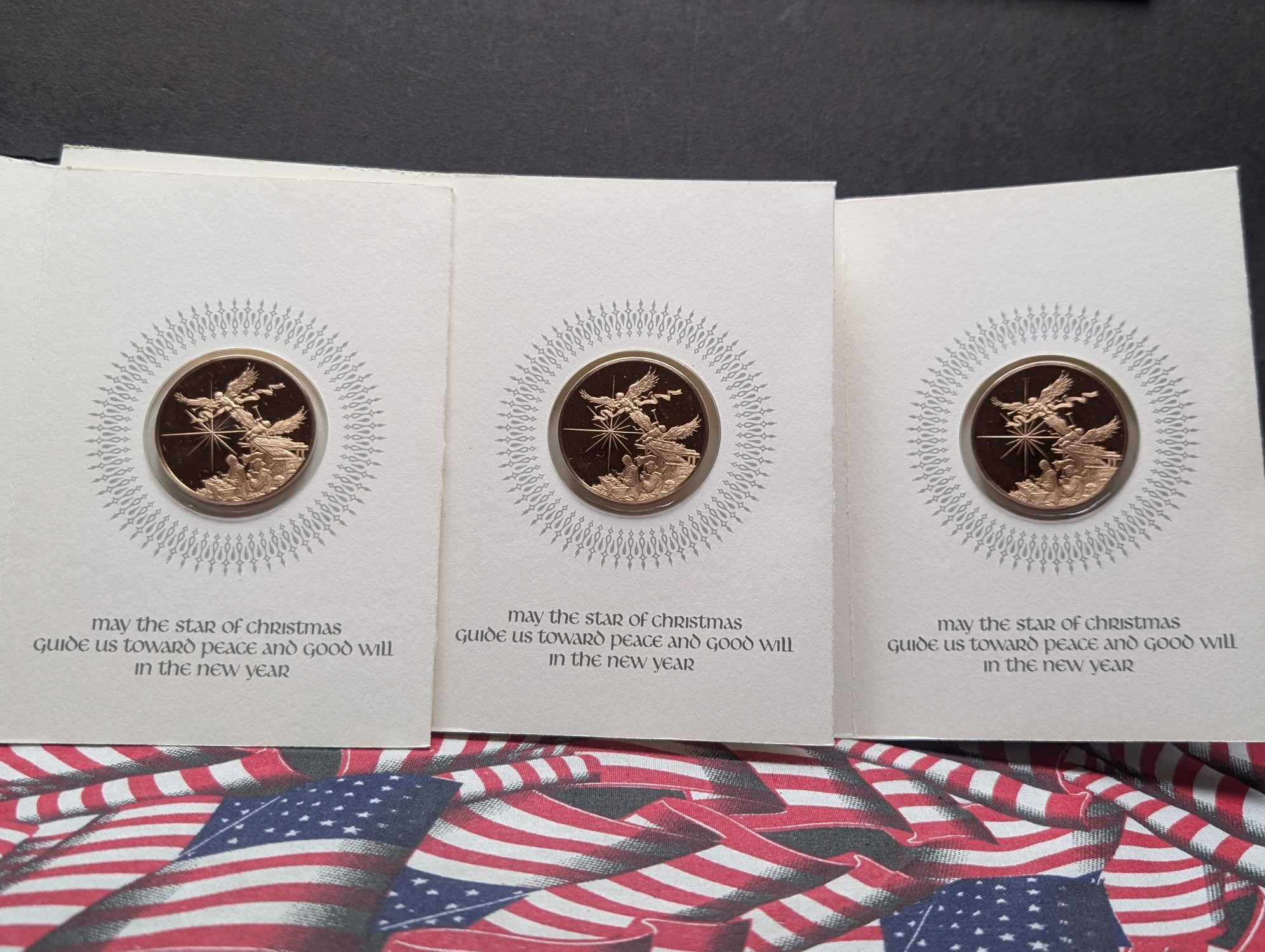 (9) Assorted Holiday Greeting Cards with Vintage Commem Bronze Medals